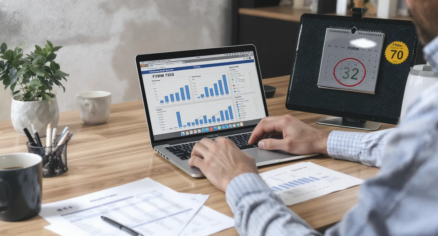 A business owner sits at a modern desk reviewing quarterly sales data on a laptop while referencing printed fuel logs and health plan reports. A calendar on the wall shows the Form 720 due date circled in red, reinforcing the idea of proactive tax compliance.