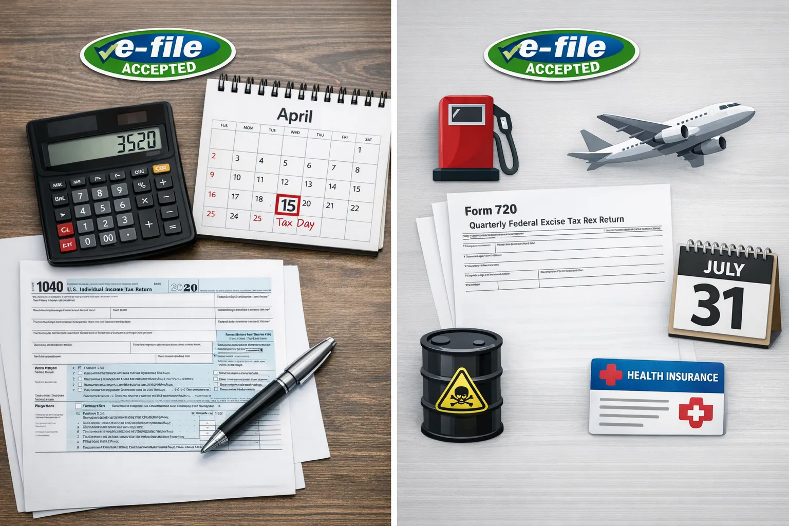 A clean split graphic. Left side shows a 1040 style income tax form, a calculator and a calendar with April 15 highlighted. Right side shows Form 720 with icons for a fuel pump, a jet, a chemical barrel and a medical plan card with July 31 on a calendar. A small “e-file accepted” badge sits above both forms.
