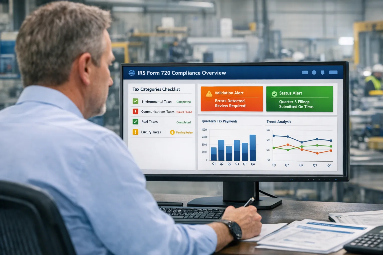 A finance manager at a US manufacturing plant reviews IRS Form 720 categories on a secure online dashboard showing checklists validation alerts and quarter‑to‑quarter trend charts.