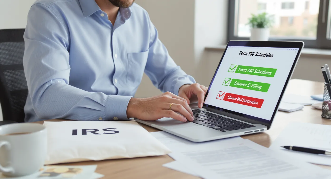 A small business controller reviews Form 720 schedules on a laptop next to a sealed envelope labeled IRS