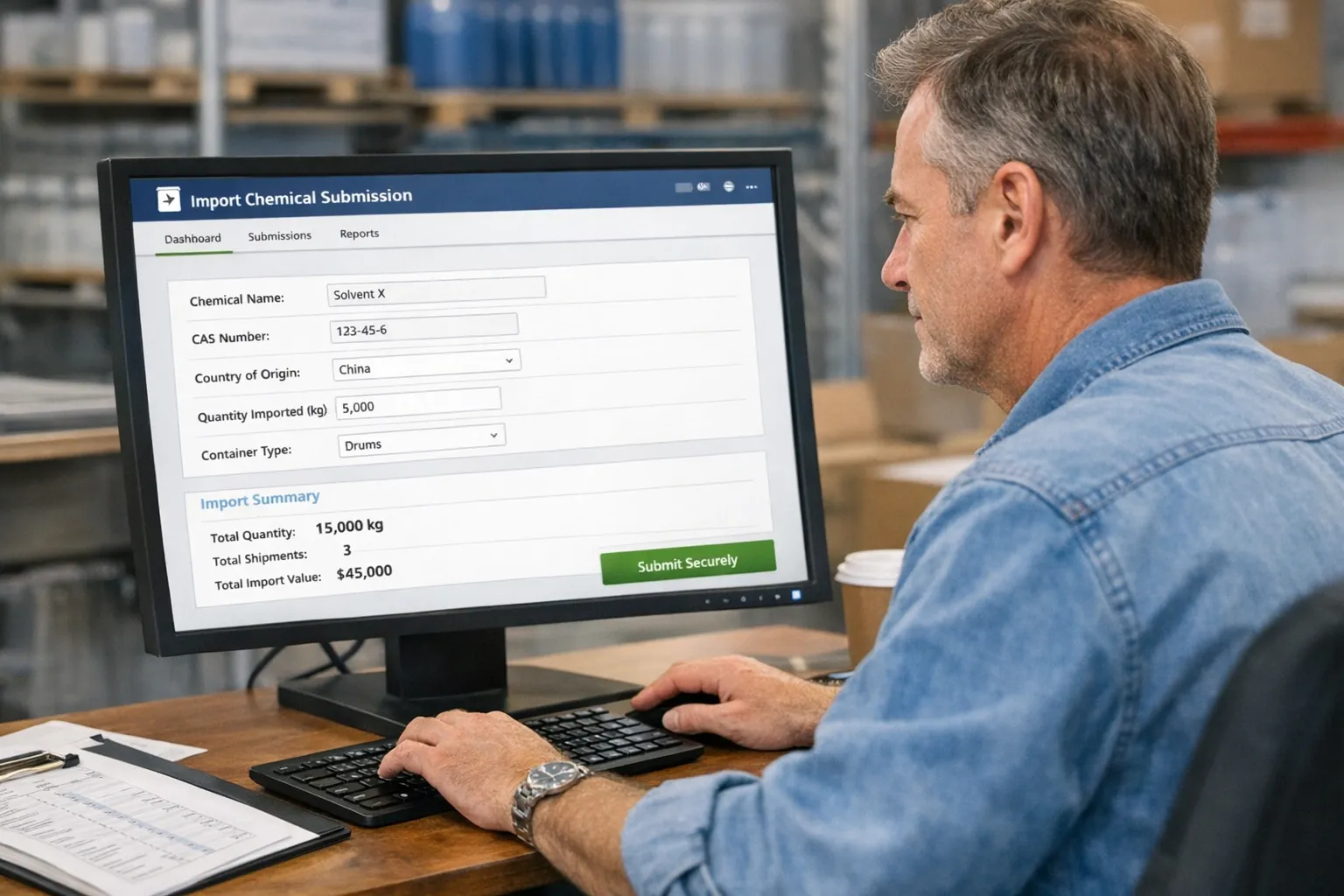 Business owner uses a simple web dashboard to enter imported chemical substance details and review totals before secure submission
