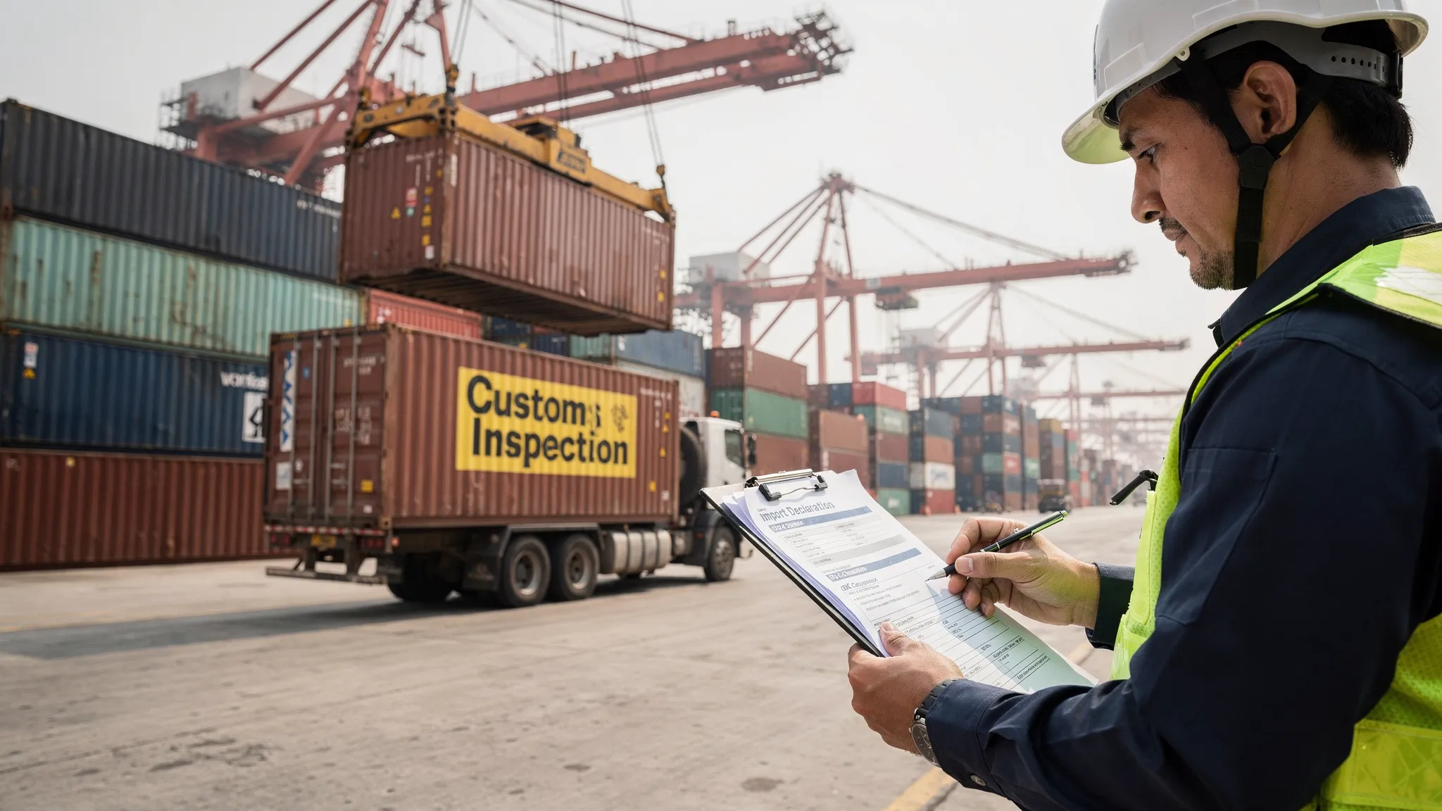 Cargo containers on a port terminal with a customs officer checking import documents for ODC related compliance
