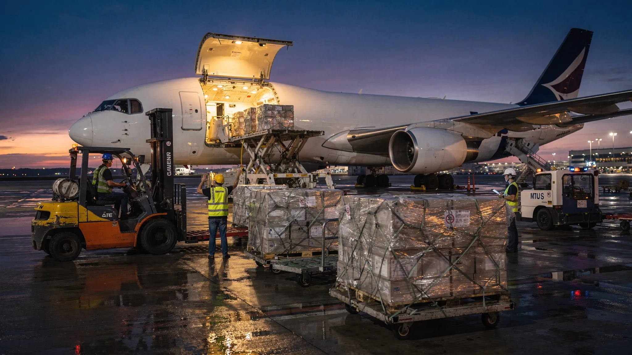 Cargo pallets being loaded into a wide body airplane at dusk with ramp workers and forklifts visible near the cargo door