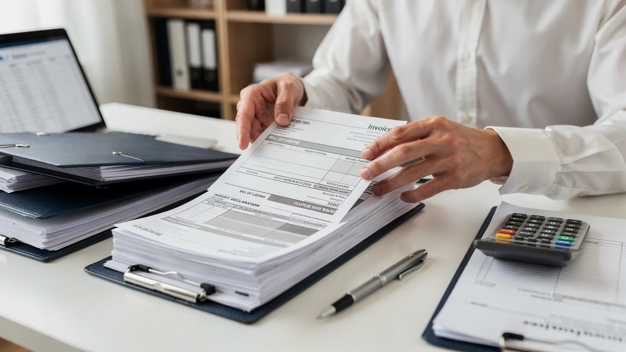 Close up of a tax preparer organizing invoices bills of lading and import documents for ODC excise tax filing