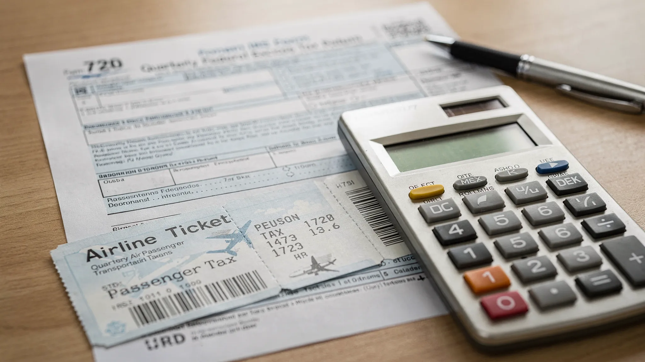Close up of an airline ticket and a calculator on a desk with Form 720, illustrating calculation of passenger air transportation taxes.