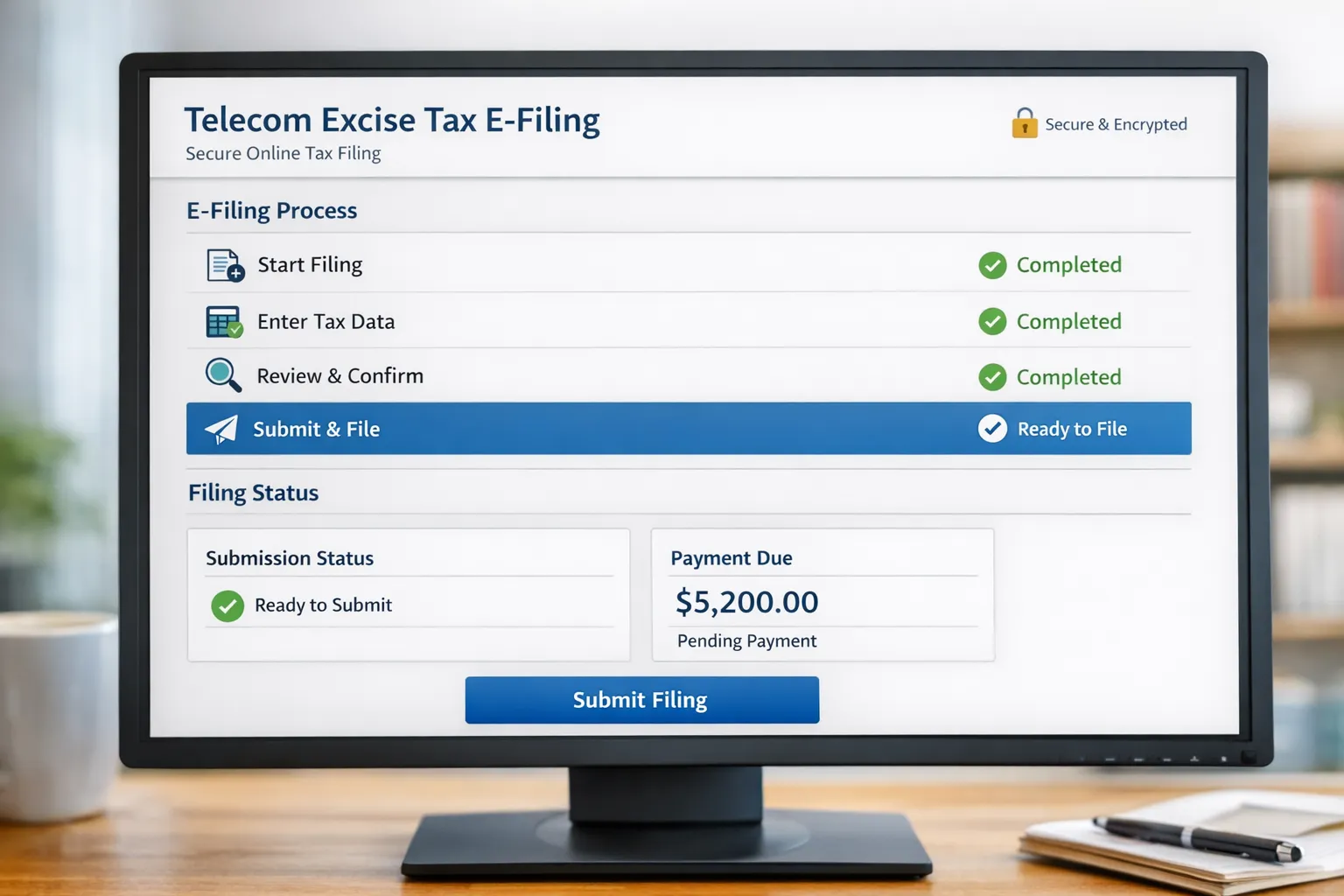 Close view of a secure tax e filing dashboard for telecommunications excise tax with simple steps and status checkmarks.