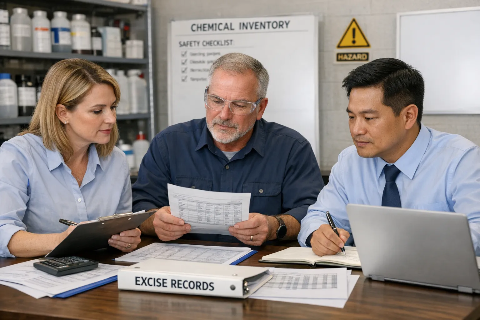 Compliance team reviews chemical inventory and excise records for accurate quarterly filing