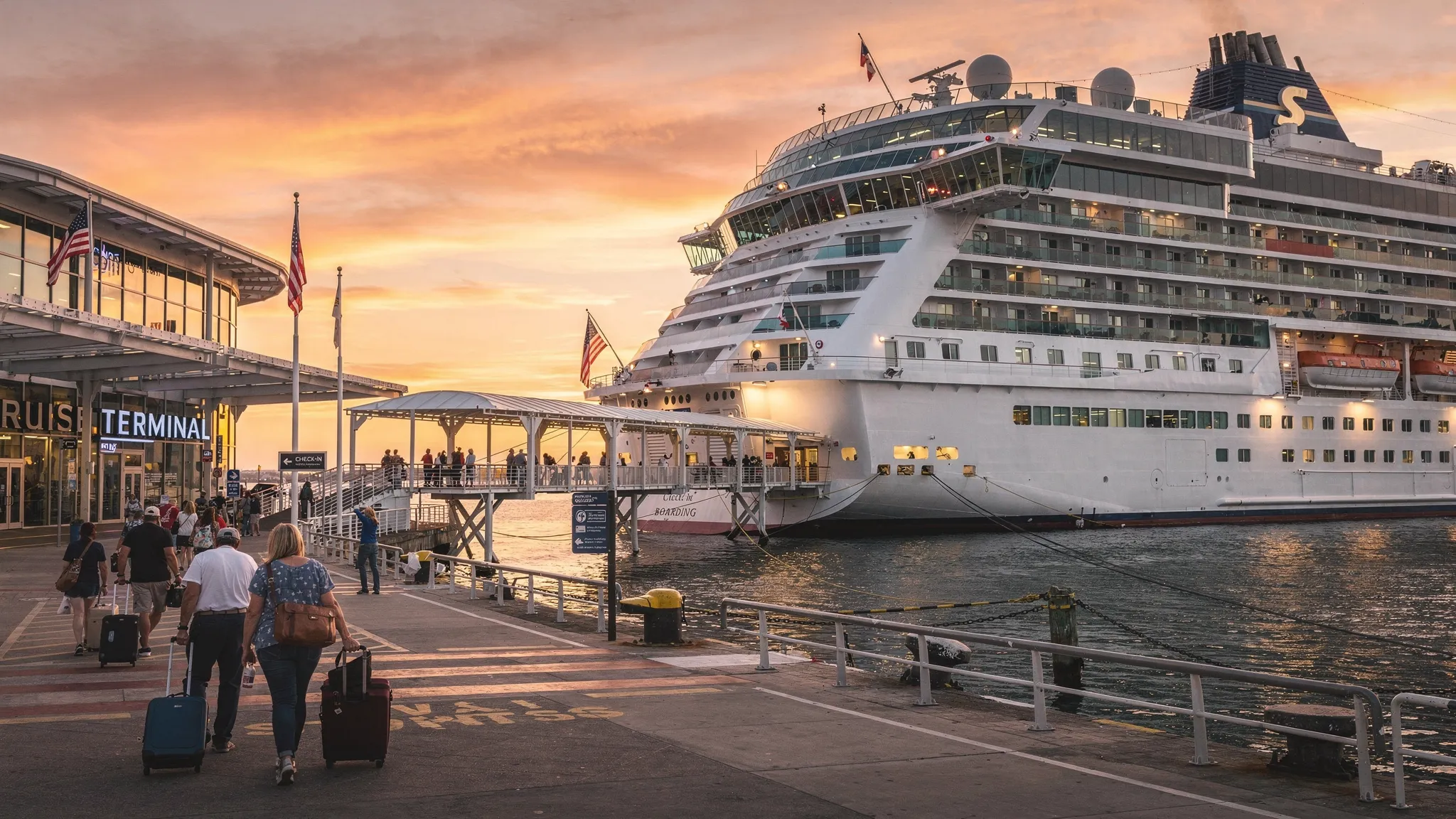 Horizontal landscape photo of a large cruise ship docked at a U.S. port at sunset, with passengers boarding via a gangway and terminal signage visible, conveying the context of commercial passenger voyages that can trigger federal excise obligations.