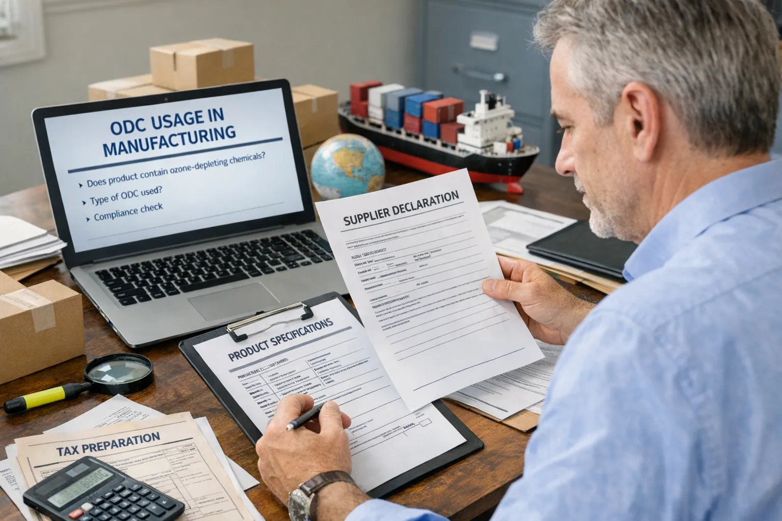 Importer reviews supplier declarations and product specifications to determine ODC use in manufacturing before filing tax