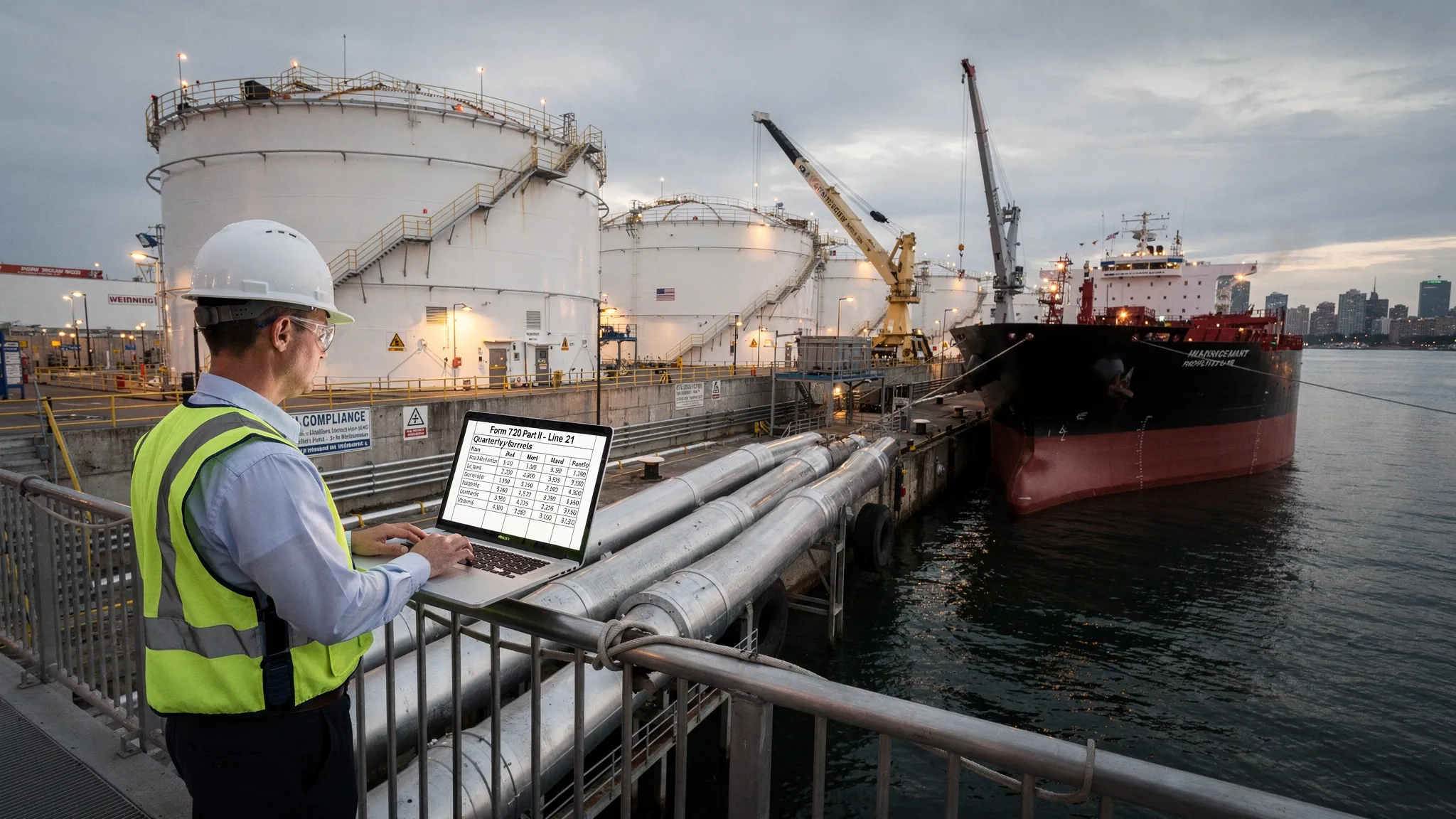 Landscape orientation image of a busy U.S. port with a petroleum tanker at berth, pipelines to storage tanks, and a compliance officer reviewing a spreadsheet of quarterly barrels for “Form 720 Part II – Line 21.”