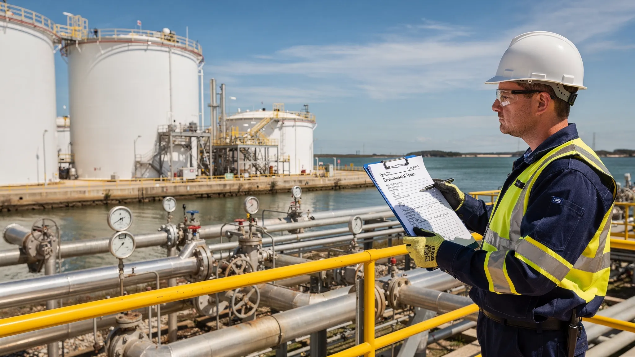 Landscape orientation scene of a coastal refinery with large storage tanks, pipeline meters, and a technician holding a clipboard labeled “Form 720 Part II – Environmental Taxes,” with a clear sky and waterway in the background.