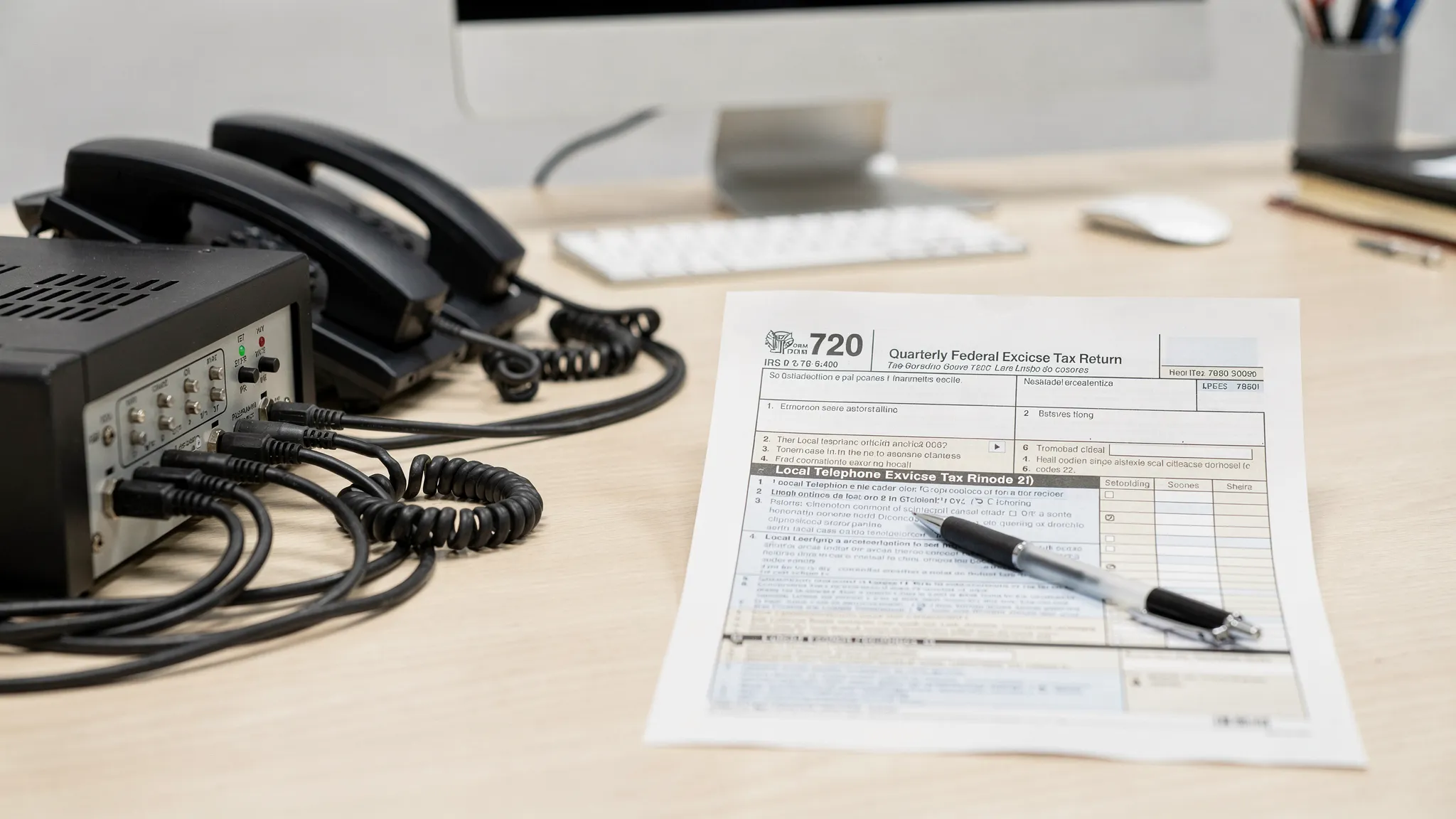 Office telephone handsets and a switchboard beside IRS Form 720, symbolizing local telephone excise tax reporting for code 22.