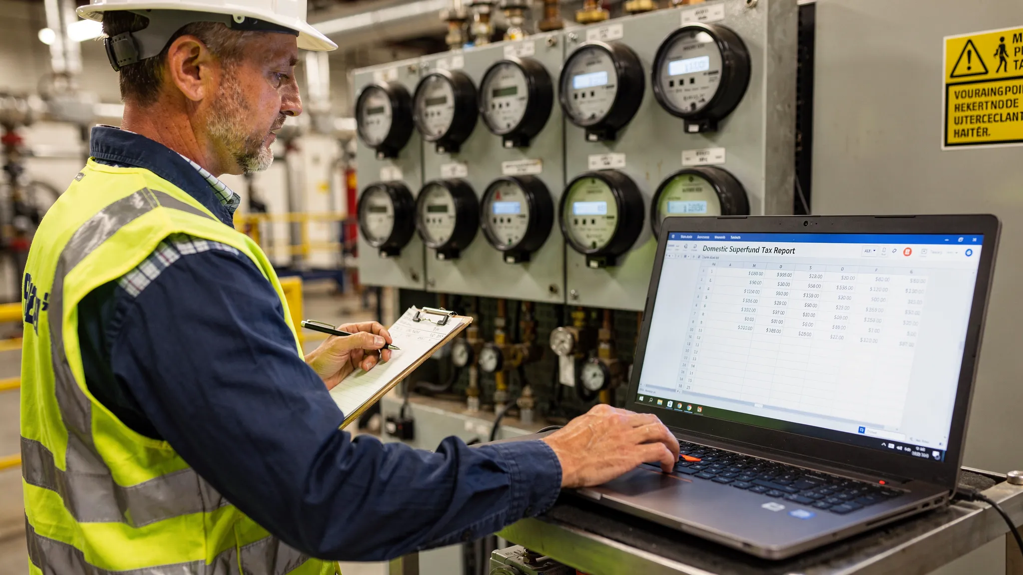 Operator checks meter readings and enters domestic Superfund tax data