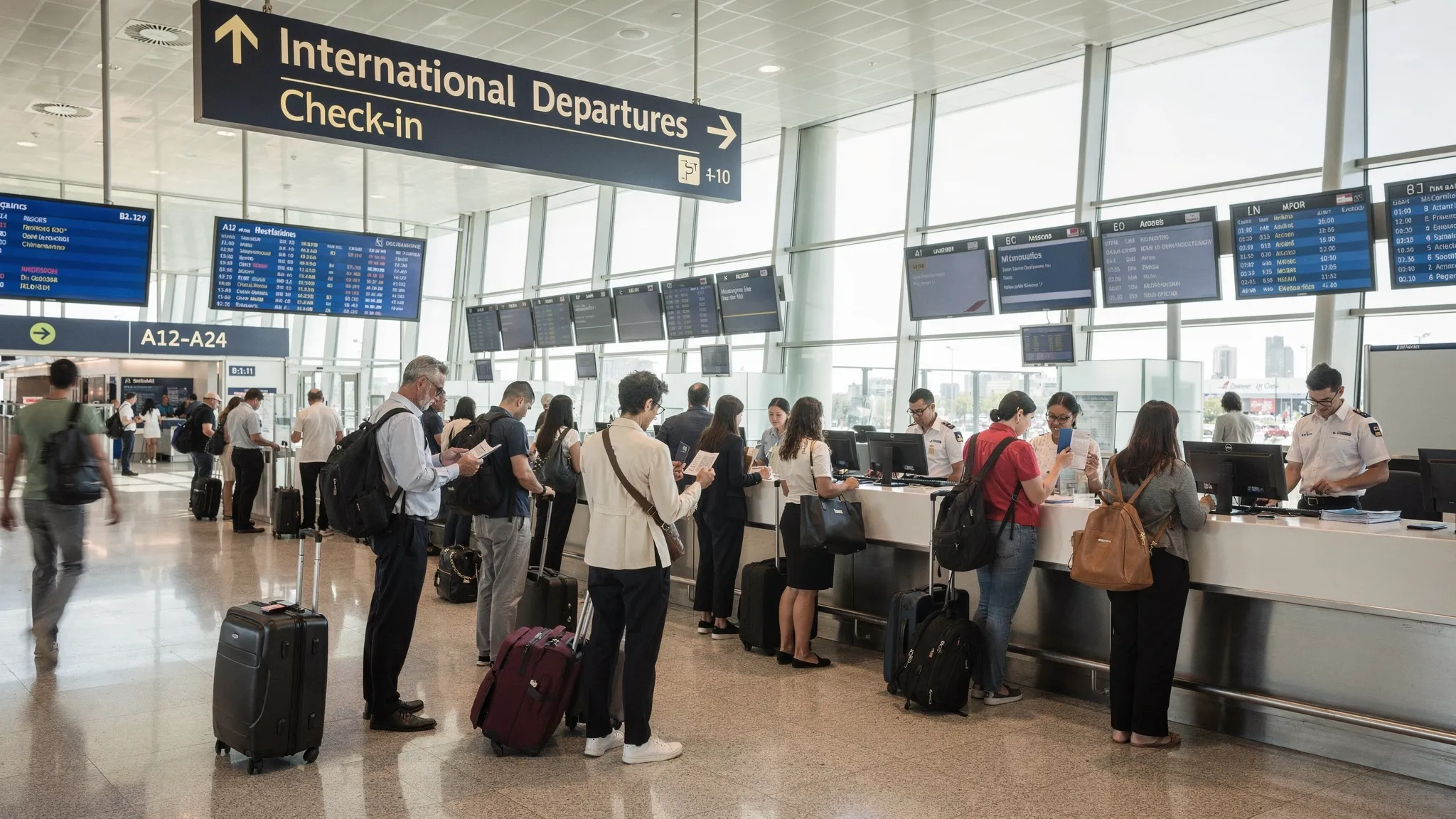 Passengers at an airport international departures hall with airline desks passports boarding passes and overhead signs for flights