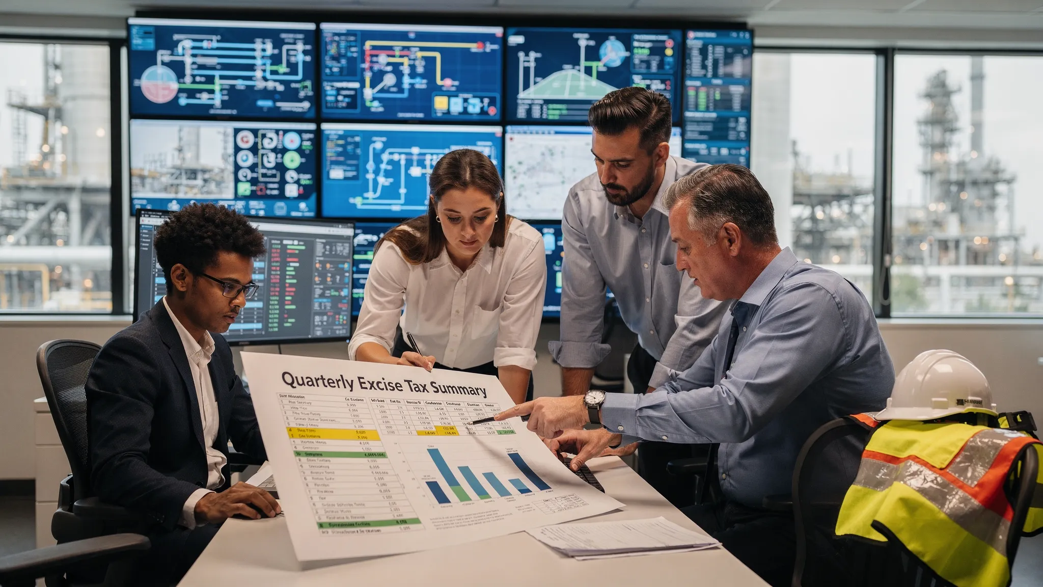 Refinery control room staff reviewing quarterly excise tax summary report