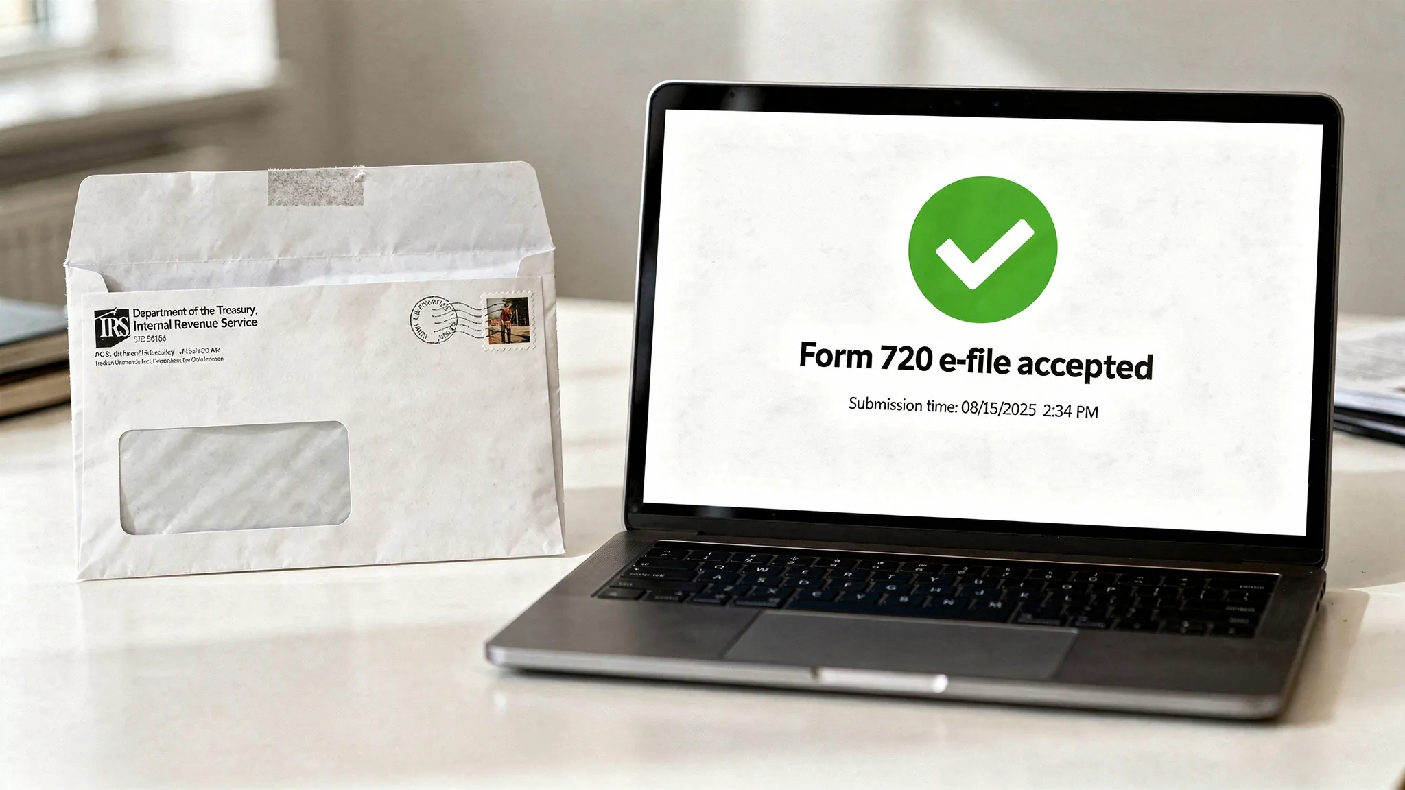 Side by side comparison of a sealed IRS mail envelope and a laptop showing an accepted Form 720 e‑file receipt with a green check and timestamp.