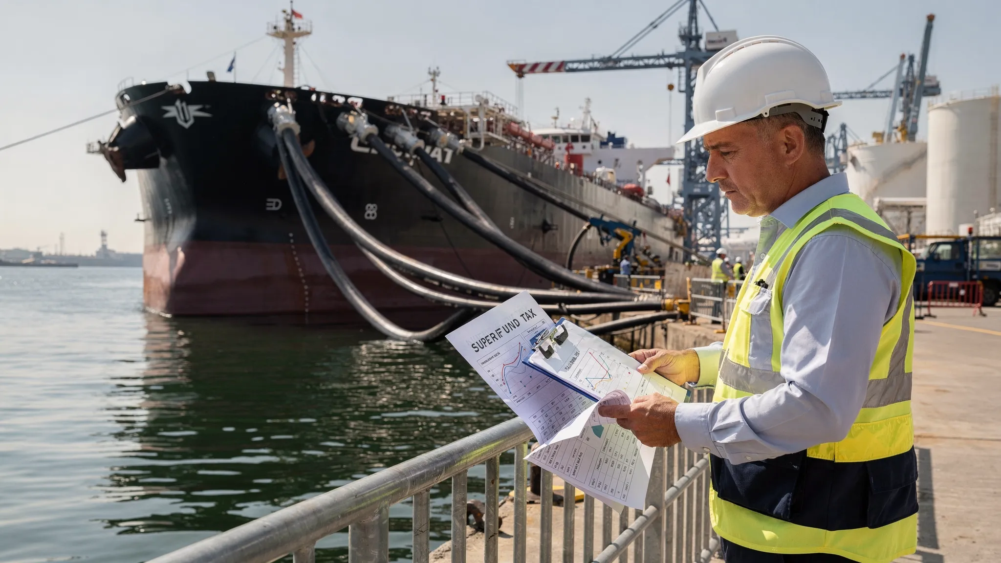 Tanker ship unloads fuel as importer reviews Superfund tax paperwork