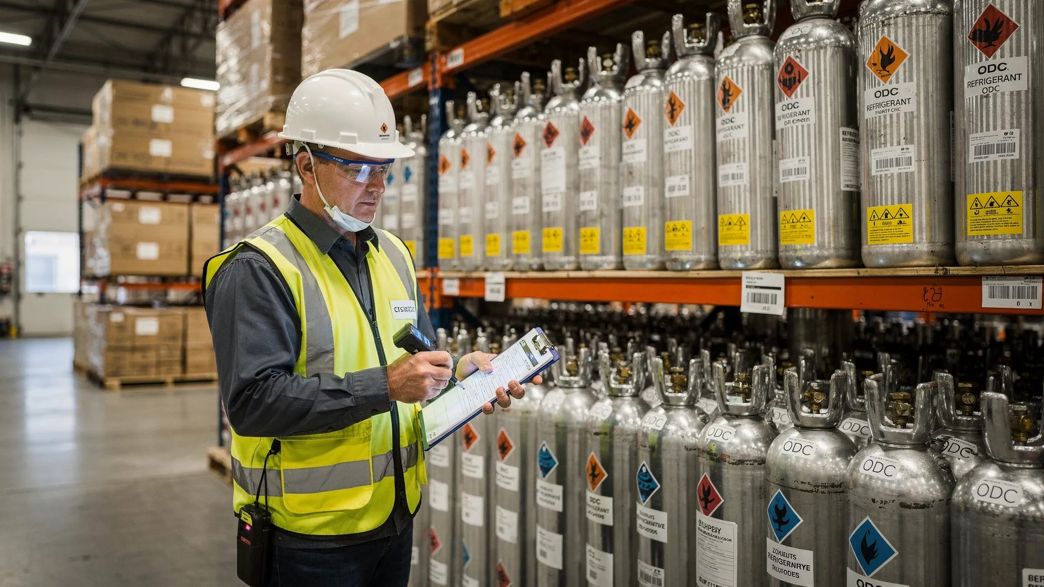 Technician in a warehouse inspects labeled cylinders of refrigerant and ODC containers for tax compliance records