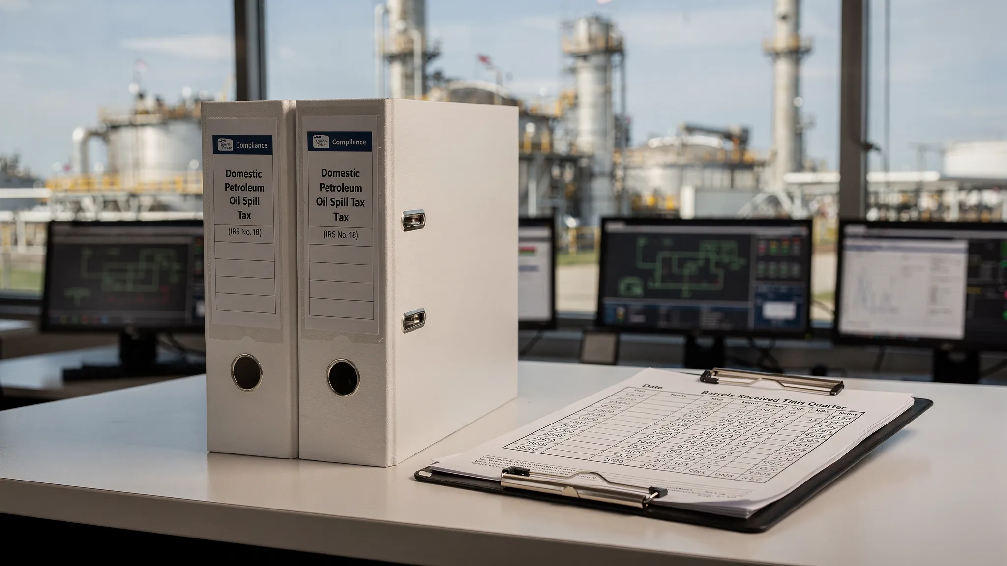 Vertical portrait orientation illustration of a refinery control room: a compliance binder labeled “Domestic Petroleum Oil Spill Tax (IRS No. 18)” sits next to a volume log showing barrels received this quarter, with storage tanks and distillation columns visible through a window.