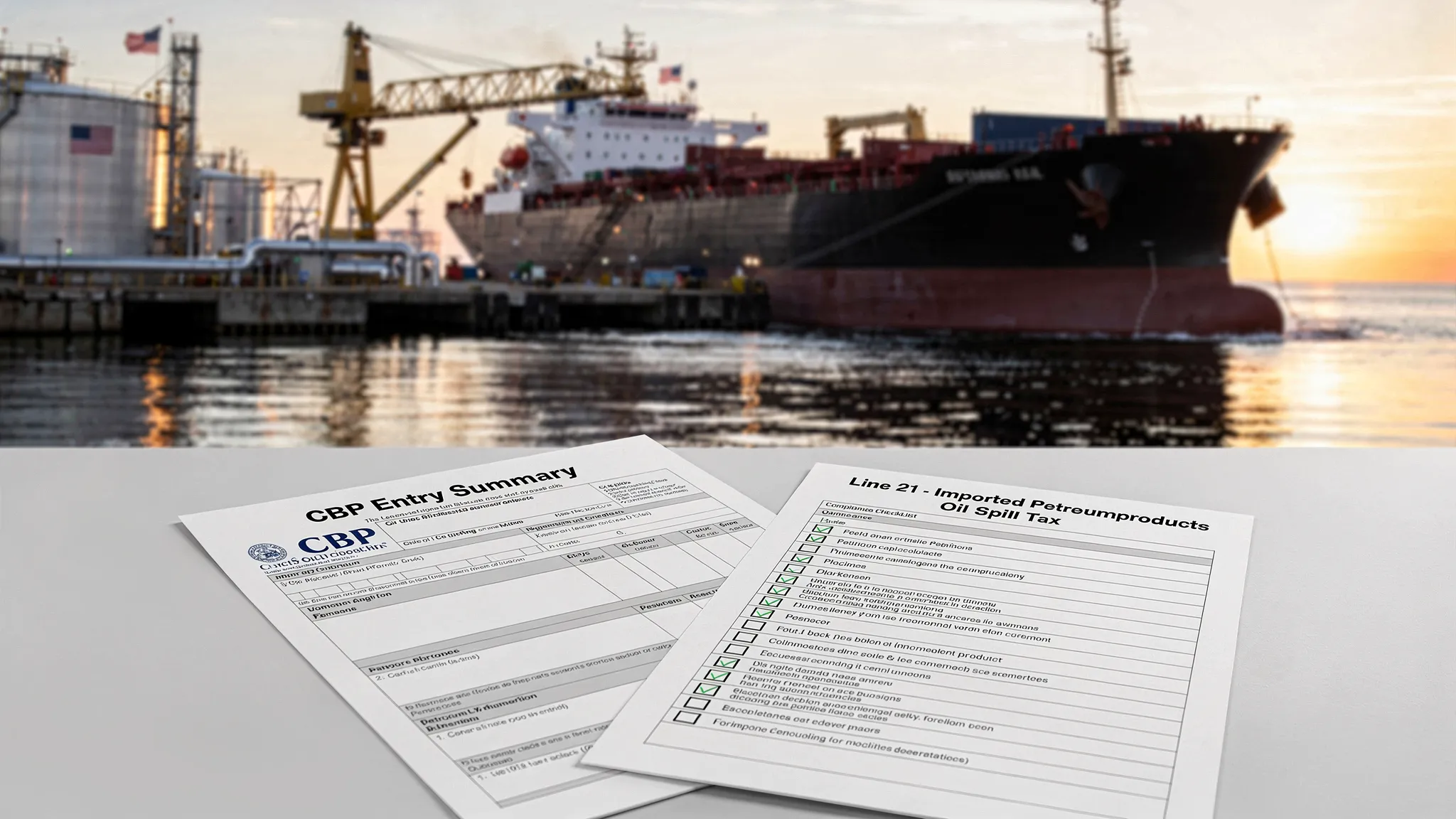 Vertical portrait orientation illustration of an ocean tanker unloading at a U.S. terminal, with a customs entry packet (CBP documents) and a compliance checklist titled “Line 21 – Imported Petroleum Products Oil Spill Tax.”