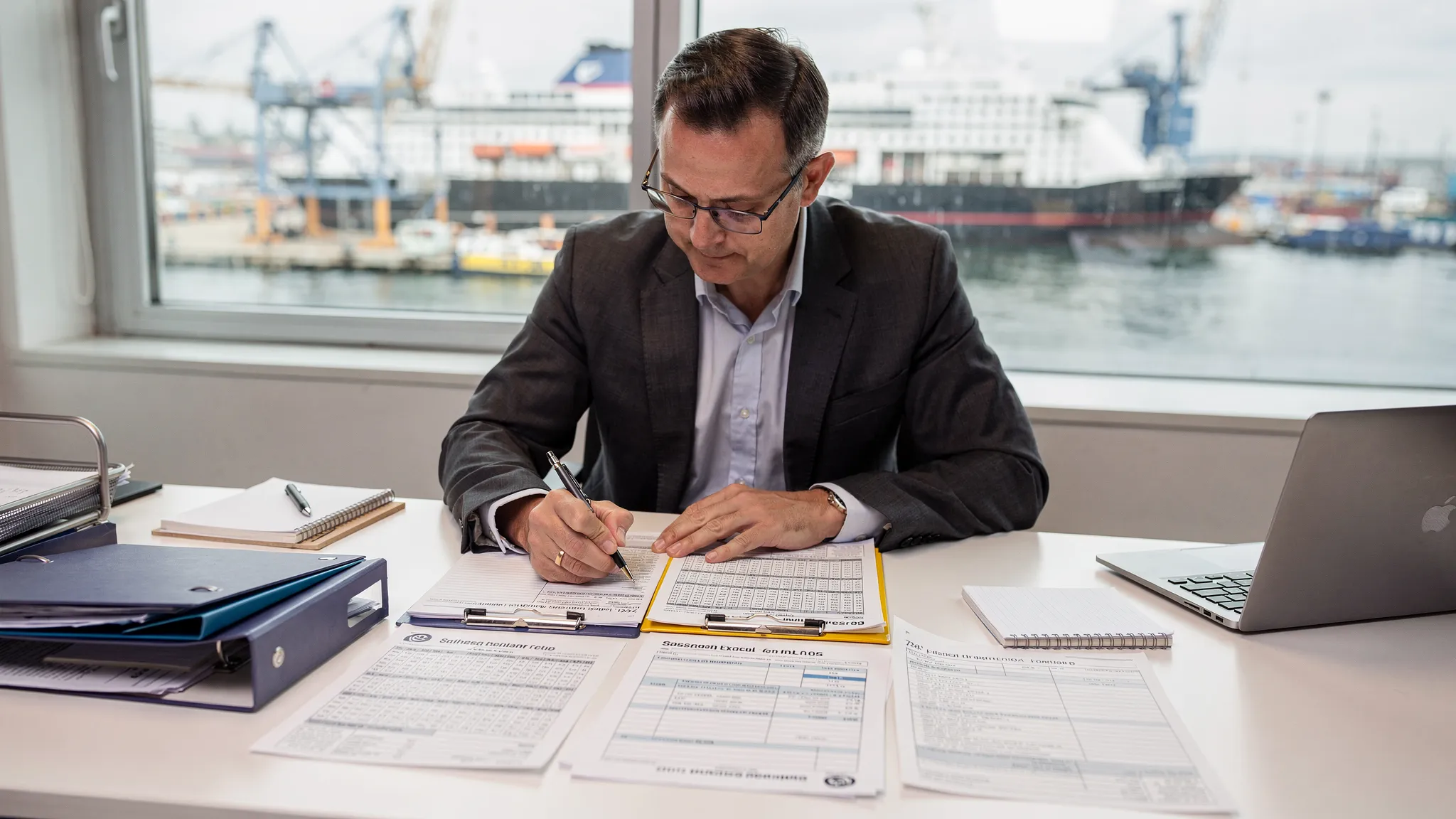 Vertical portrait photo of a compliance manager at a desk reviewing printed passenger logs, voyage calendars, and a Form 720 cover sheet, with a harbor visible through the window in the background, representing careful recordkeeping for ship passenger excise tax.