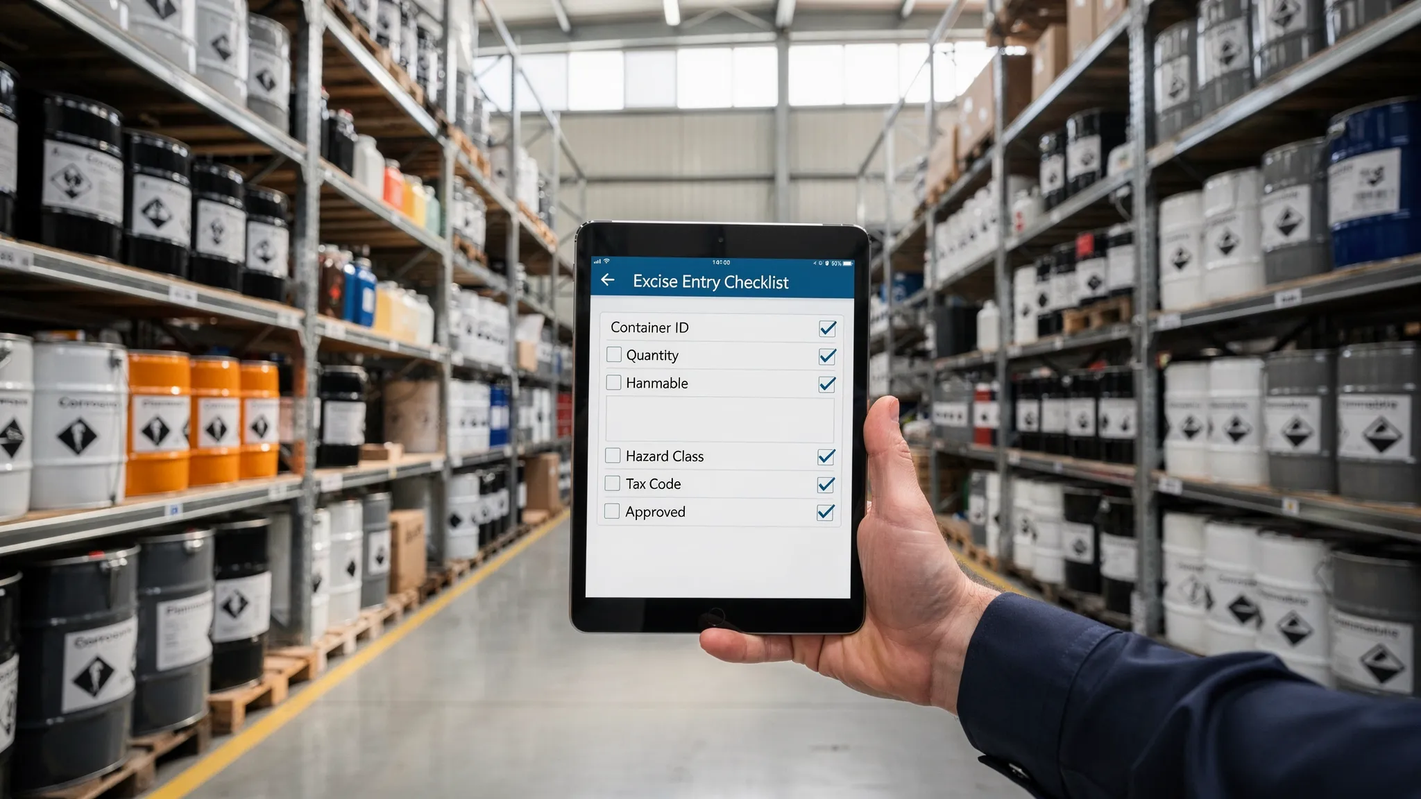 Warehouse shelves with labeled chemical containers and a tablet showing excise entry checklist