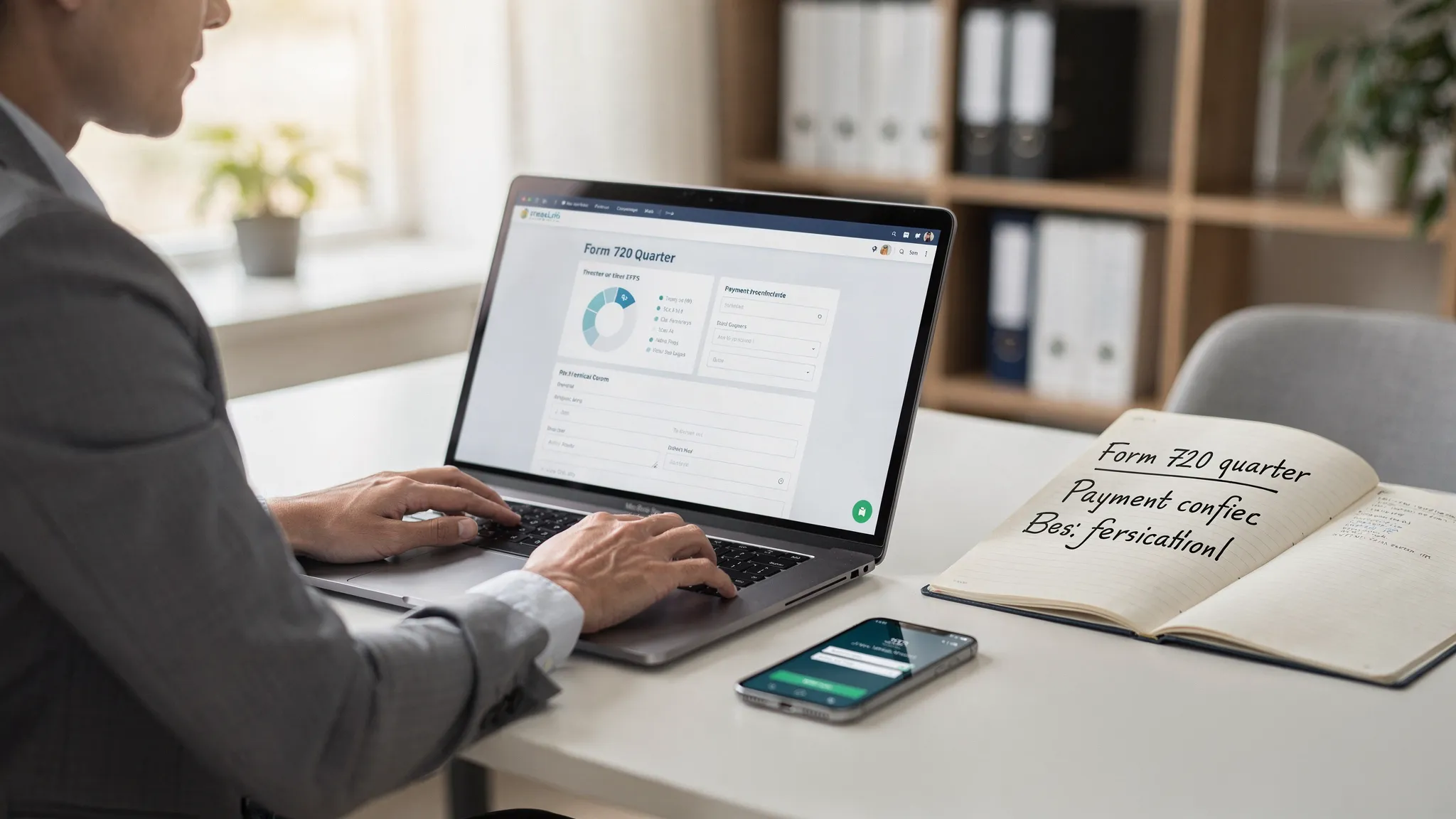 A business owner at a desk with a laptop open to an excise tax filing portal, a notebook showing “Form 720 quarter” and “Payment confirmation,” and a phone nearby for EFTPS or IRS Direct Pay verification. The laptop screen is facing the viewer and shows a generic tax filing dashboard with no logos.