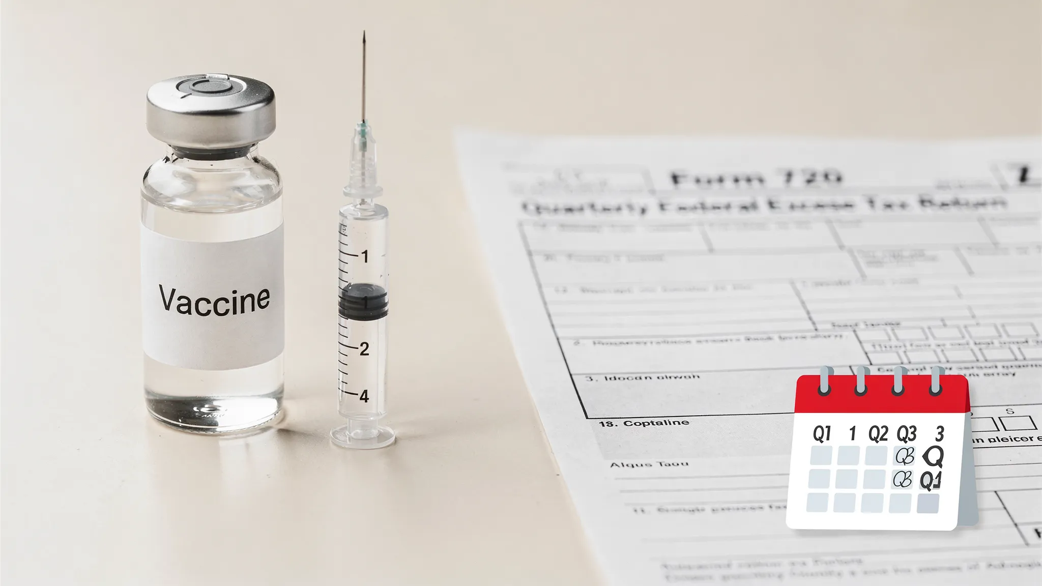 A clean, professional illustration showing a vaccine vial and syringe next to a tax form labeled “Form 720”, with a small calendar icon indicating quarterly due dates.