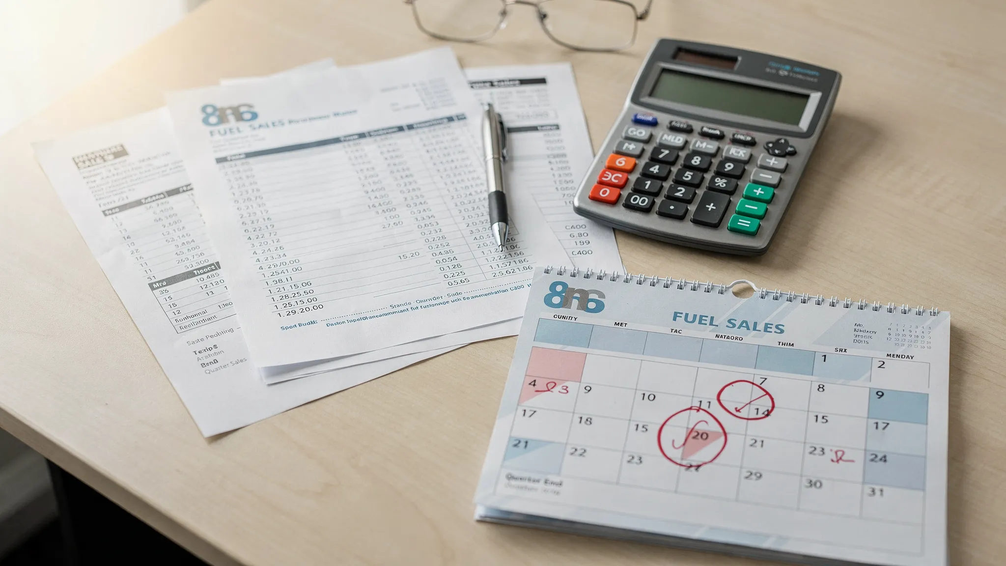 A desk with fuel sales paperwork a calculator and a calendar marked by quarter end.