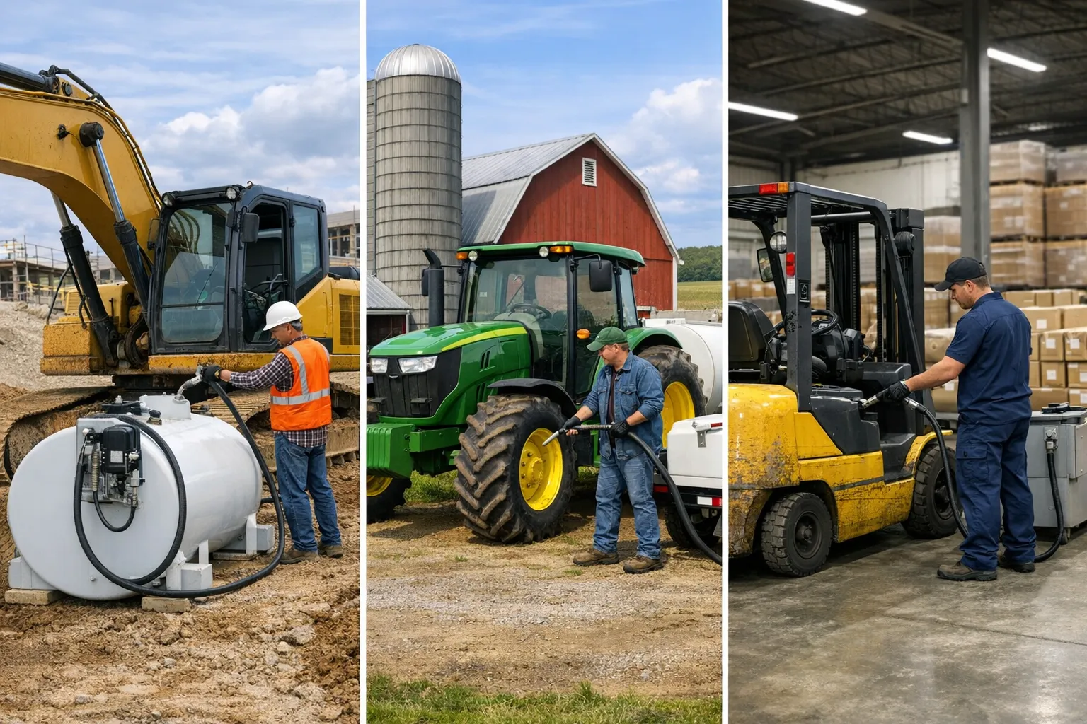 A fuel tax credit eligibility scene showing three business settings side by side: a construction site with an excavator refueling, a farm tractor being fueled near a barn, and a warehouse forklift refueling on private property.