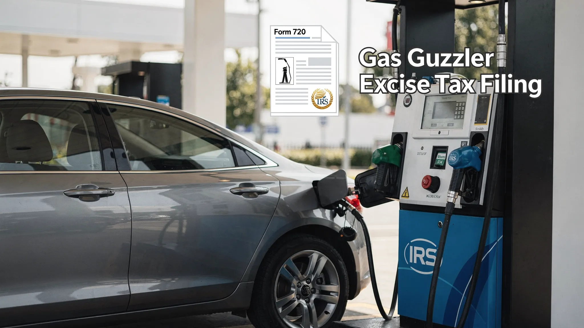 A modern passenger car parked near a fuel pump, with a clean overlay of a Form 720 document icon and the words “Gas Guzzler Excise Tax Filing” to illustrate federal excise tax reporting for low fuel economy vehicles.