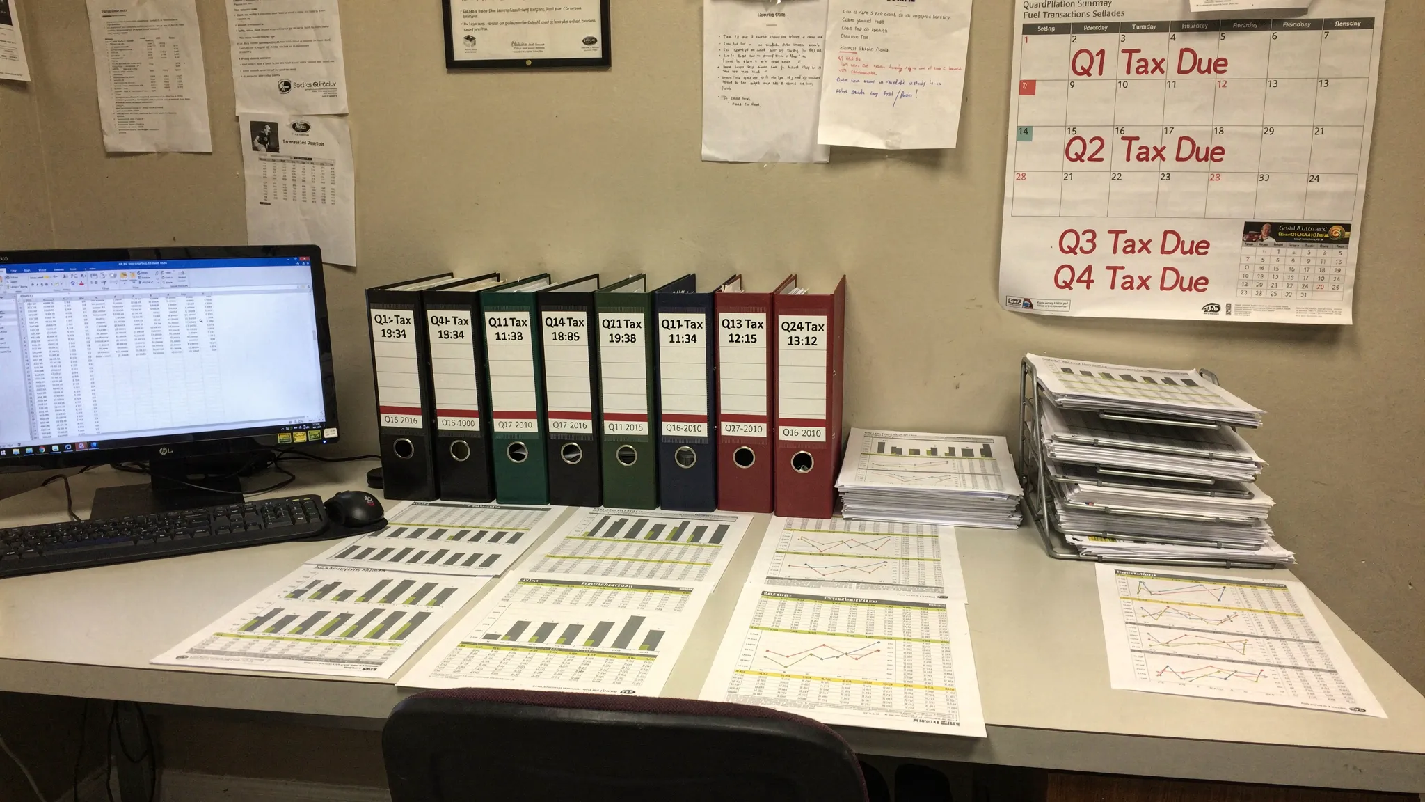 A retail back-office scene with organized binders, printed sales reports, fuel transaction summaries, and a calendar marked with quarterly tax deadlines on a desk.