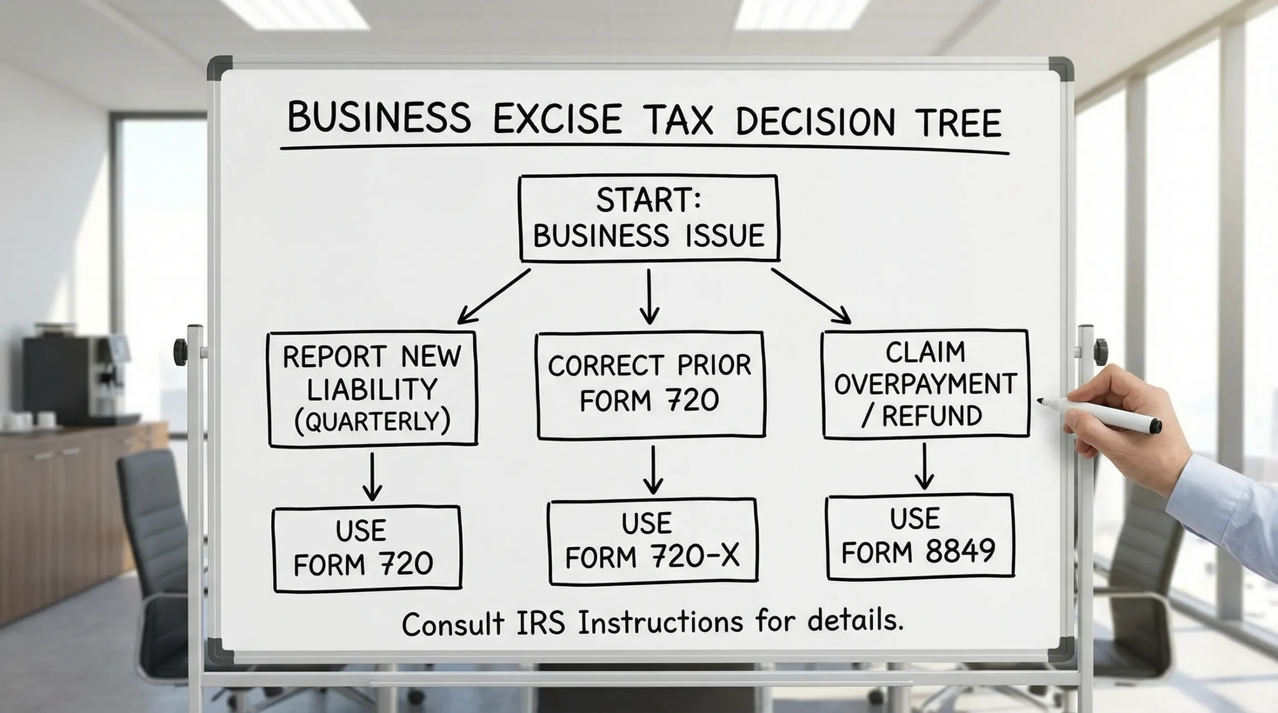 A simple flowchart showing a business deciding between Form 720 (report tax), Form 720-X (amend a prior quarter), and Form 8849 (claim a refund), with arrows based on whether the issue is reporting vs refund and whether a prior return needs correction.