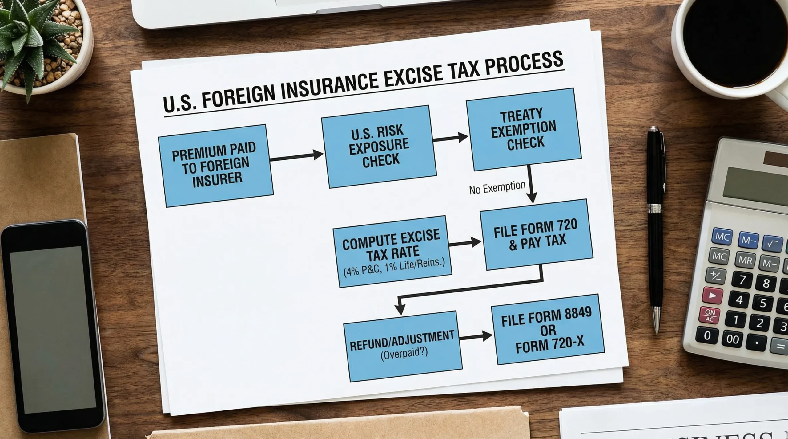 A simple flowchart showing a premium paid to a foreign insurer, then checks for U.S. risk exposure and treaty exemption, then computes excise tax rate (4% or 1%), then files Form 720 and pays tax, with a final step for refund/adjustment using Form 8849 or Form 720-X if overpaid.