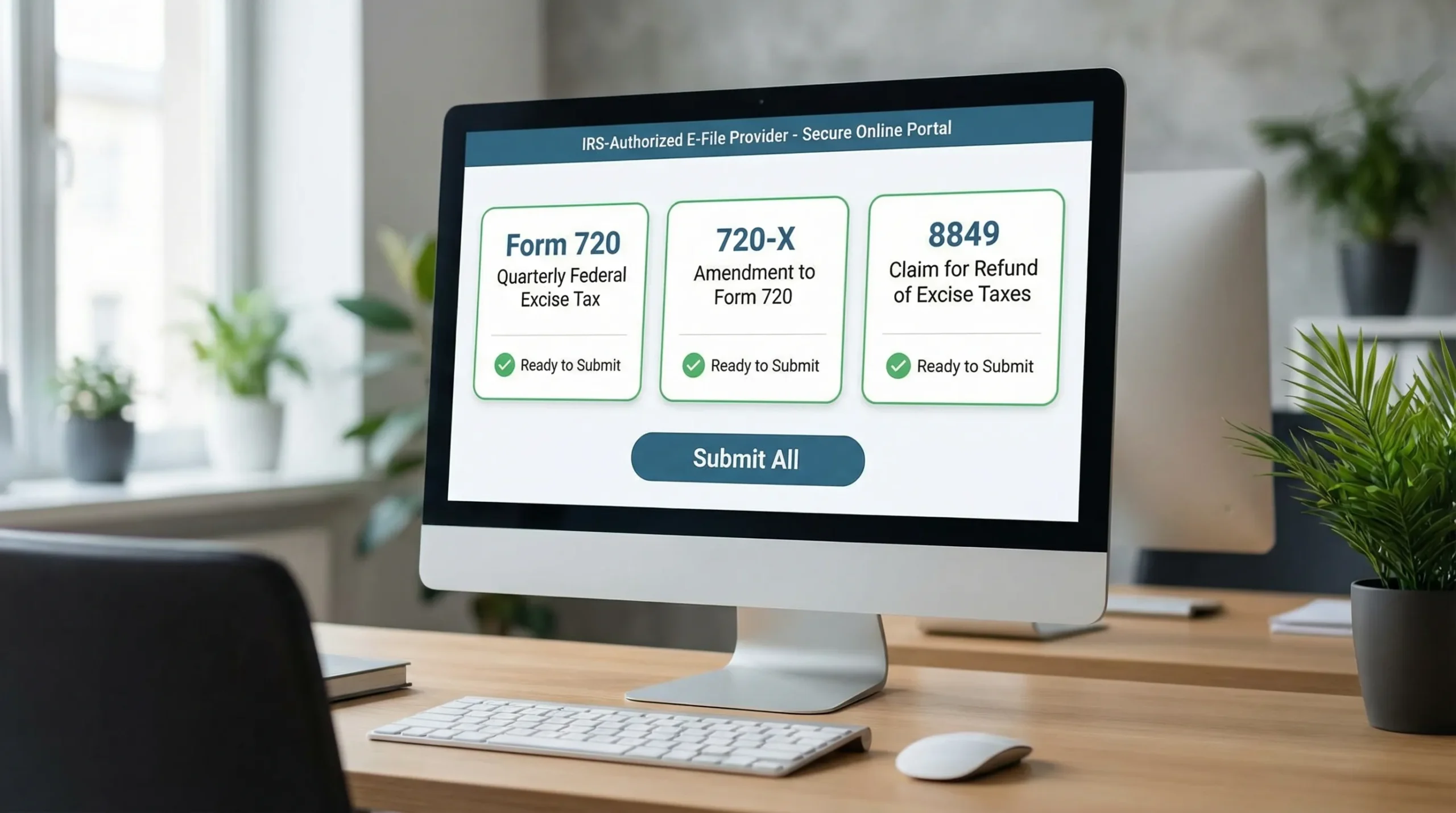 A simple illustration of an online tax filing dashboard showing “Form 720”, “720-X Amendment”, and “8849 Claim” tiles with a clear status indicator like “Ready to Submit”, representing an IRS-authorized web portal. The screen is facing forward and readable.
