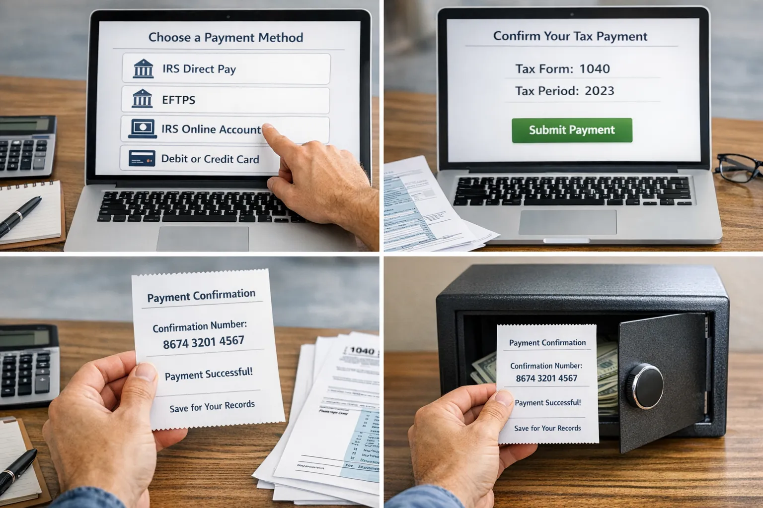 A simple visual showing a taxpayer choosing between IRS Direct Pay, EFTPS, IRS Online Account, and debit or credit card, then confirming tax form and tax period, and finally receiving a confirmation number and saving it as proof.