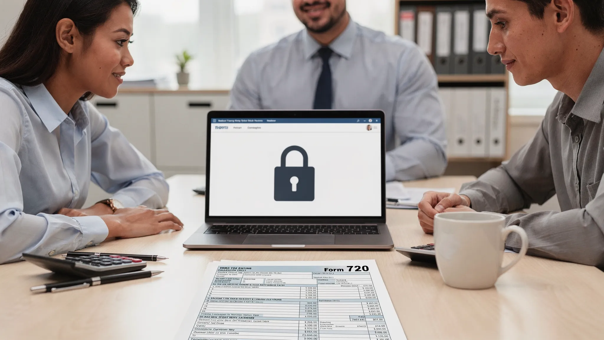 A small business accounting team reviewing excise tax compliance on a laptop with a visible padlock icon and a printed “Form 720” worksheet on the desk, conveying secure online tax filing.