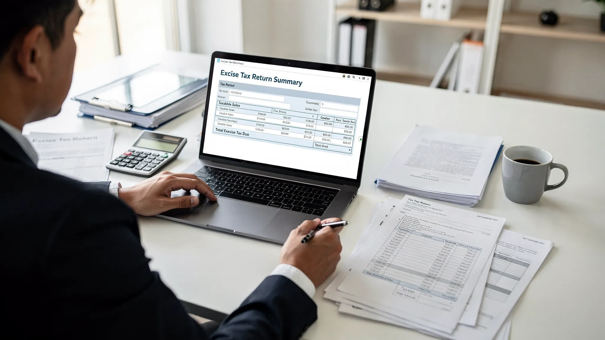 A tax preparer reviewing an online excise return summary on a laptop screen that faces the viewer with paper invoices beside it.