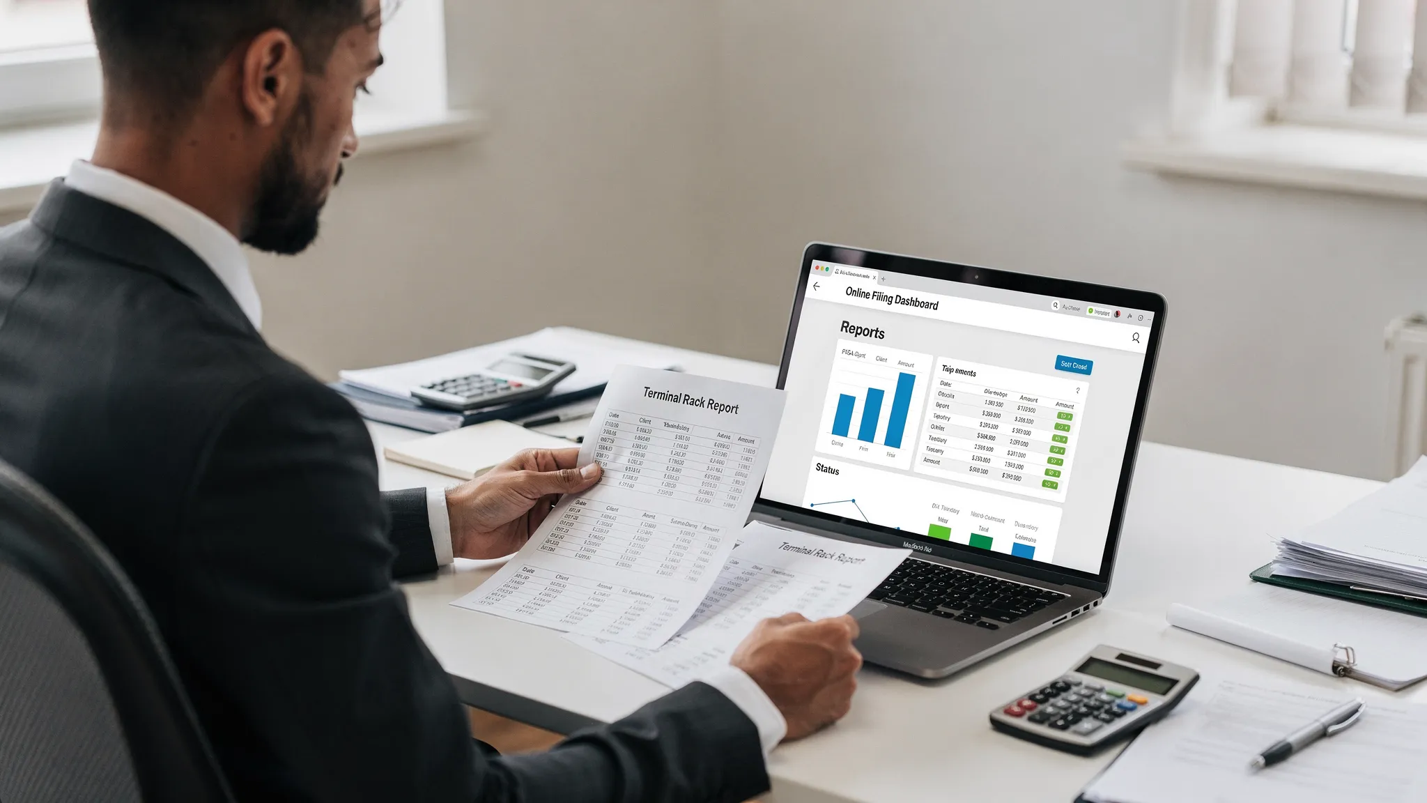 Accountant comparing terminal rack reports with an online filing dashboard on a laptop, screen facing forward and blank.