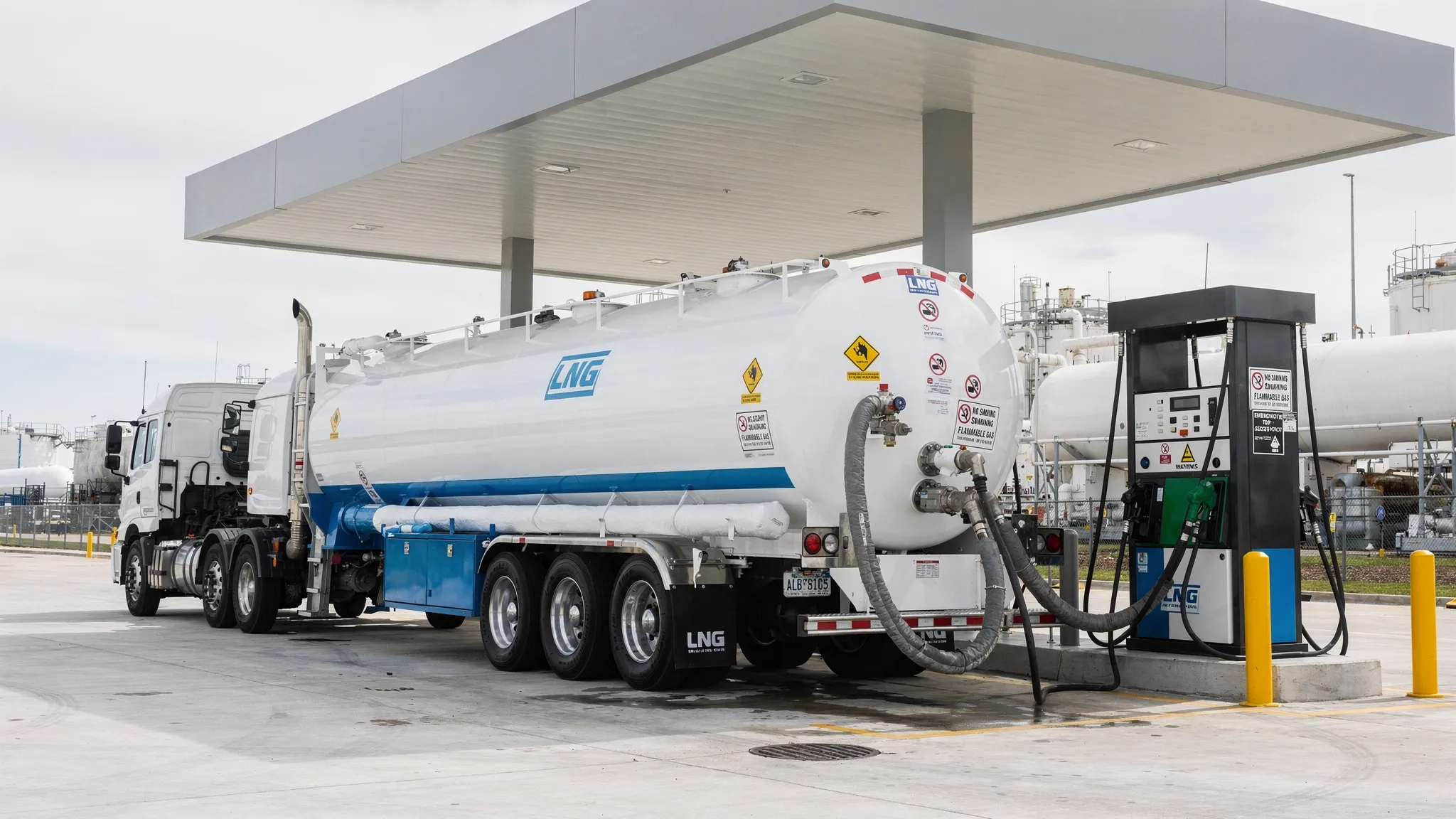 An LNG fueling station canopy with a tanker trailer and visible cryogenic hoses plus safety signage.