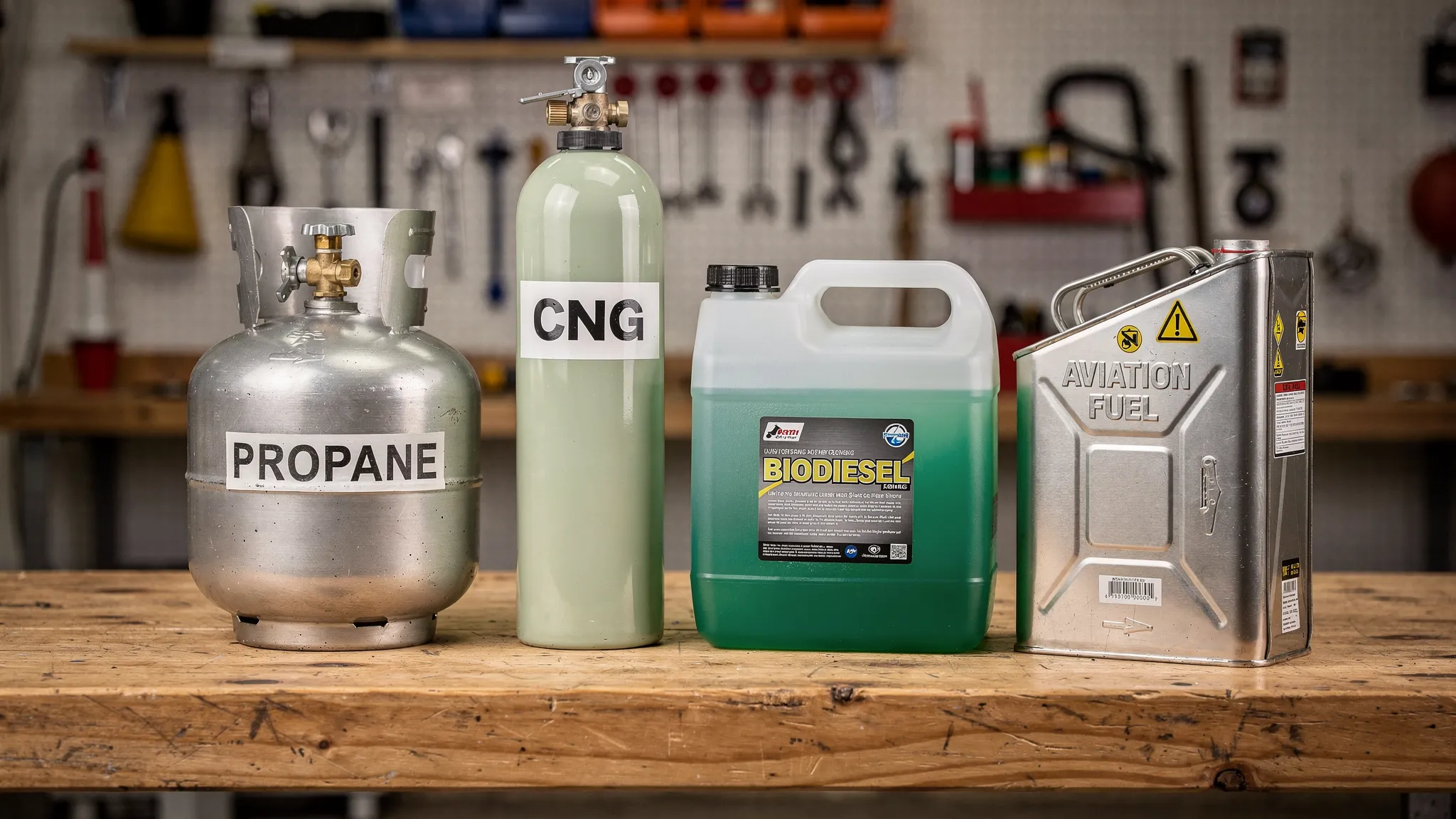 Assorted fuel containers labeled propane CNG biodiesel and aviation fuel on a workbench
