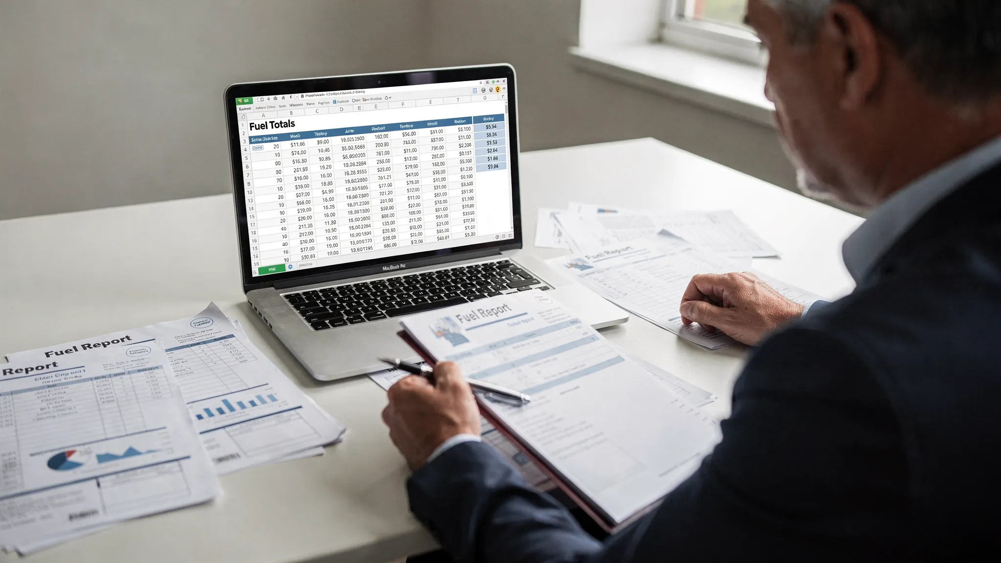 Business owner reviewing fuel totals on a forward facing laptop screen with papers