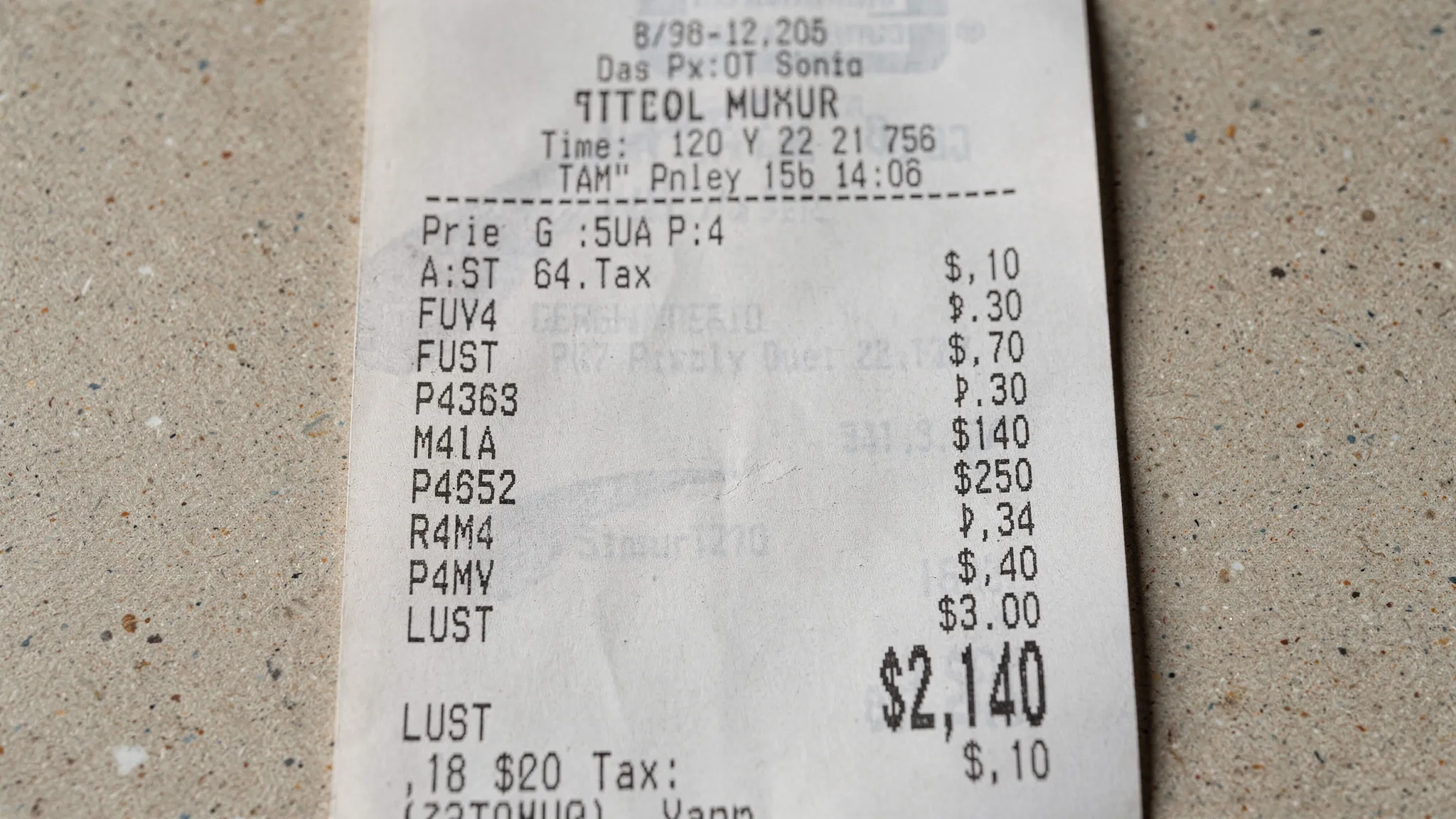 Close up of a fuel receipt showing gallons tax and LUST line item