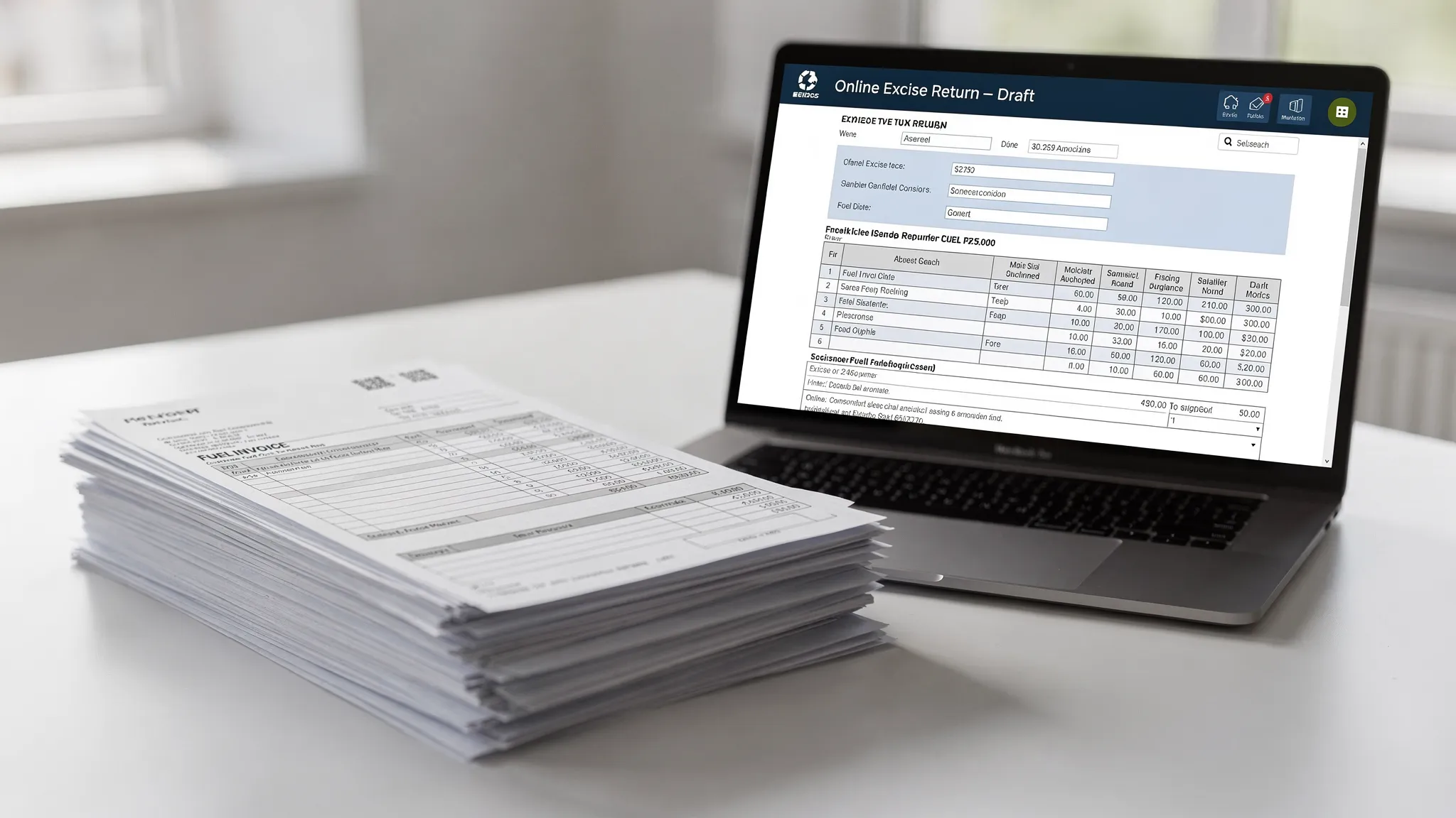 Close view of a fuel invoice stack beside a laptop showing an online excise return draft.