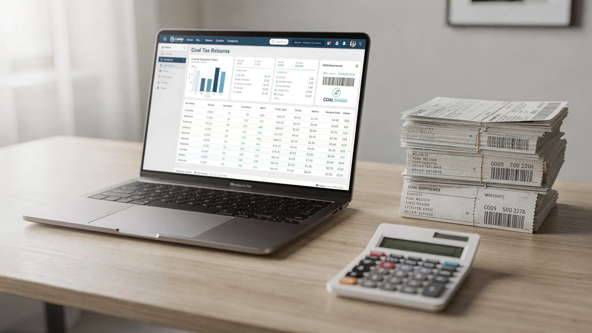 Coal tax return dashboard on laptop beside shipment tickets and calculator.