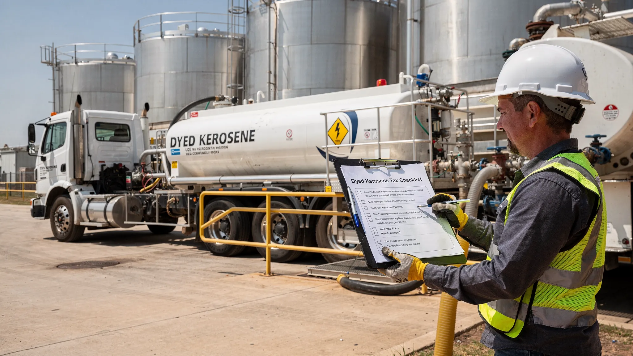 Fuel truck loading dyed kerosene at a terminal with tax checklist on clipboard.