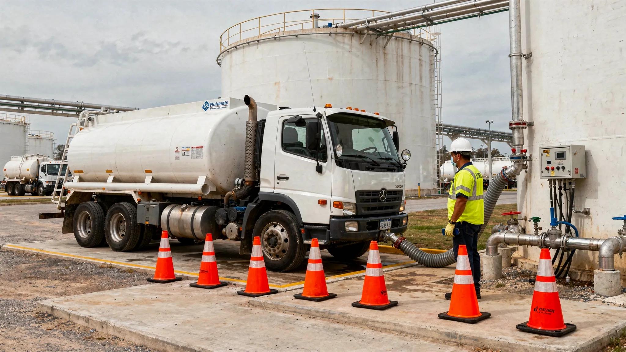 Fuel truck unloading clear kerosene into a storage tank at a commercial terminal with safety cones.