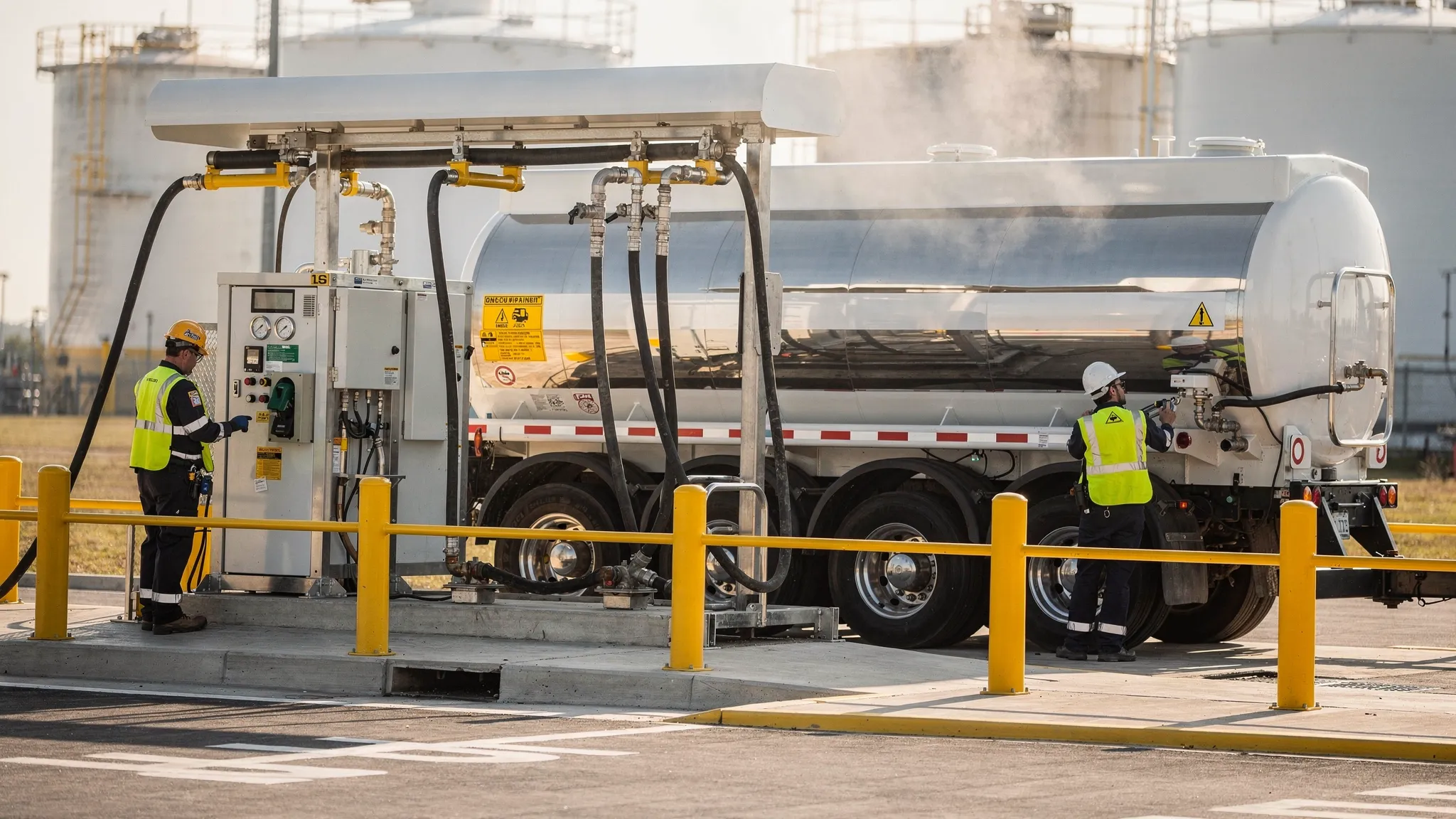 Gasoline tanker truck at a fuel terminal rack with hoses connected and workers nearby wearing safety gear.