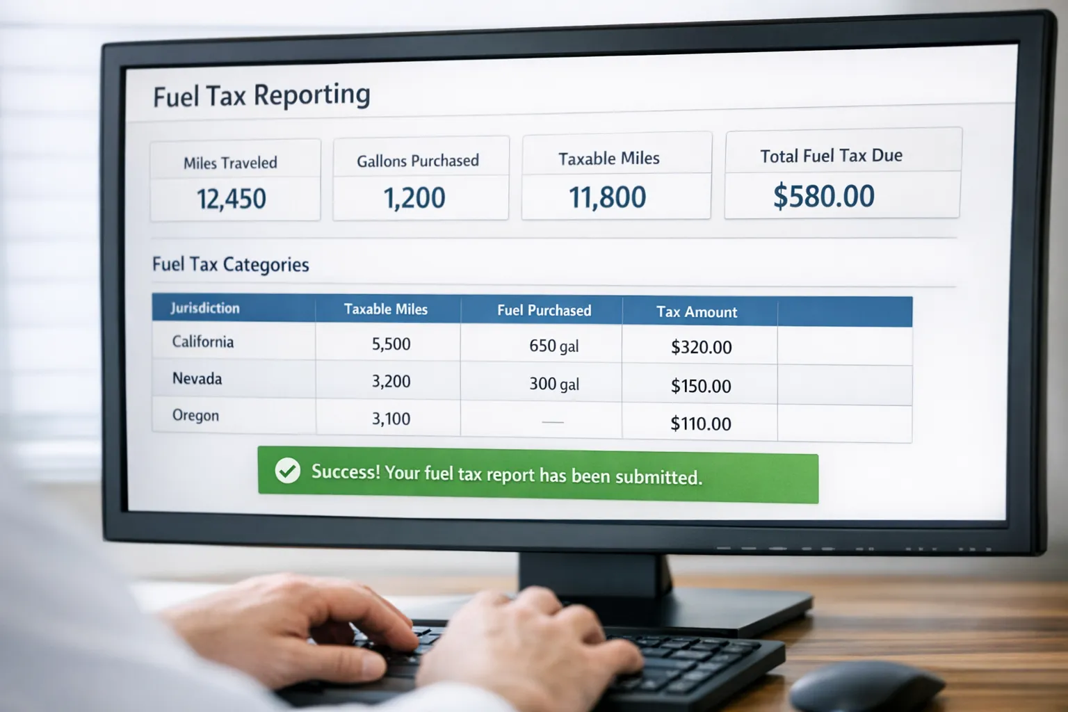 Simple online dashboard showing fuel tax categories and a submit confirmation message.