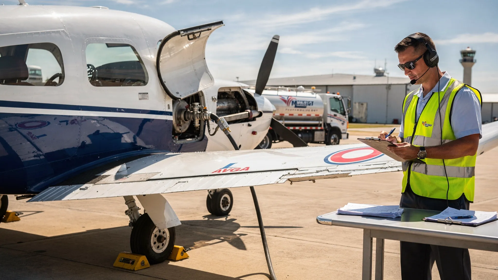 Small aircraft being refueled with avgas on an airport ramp while a clerk checks invoices.